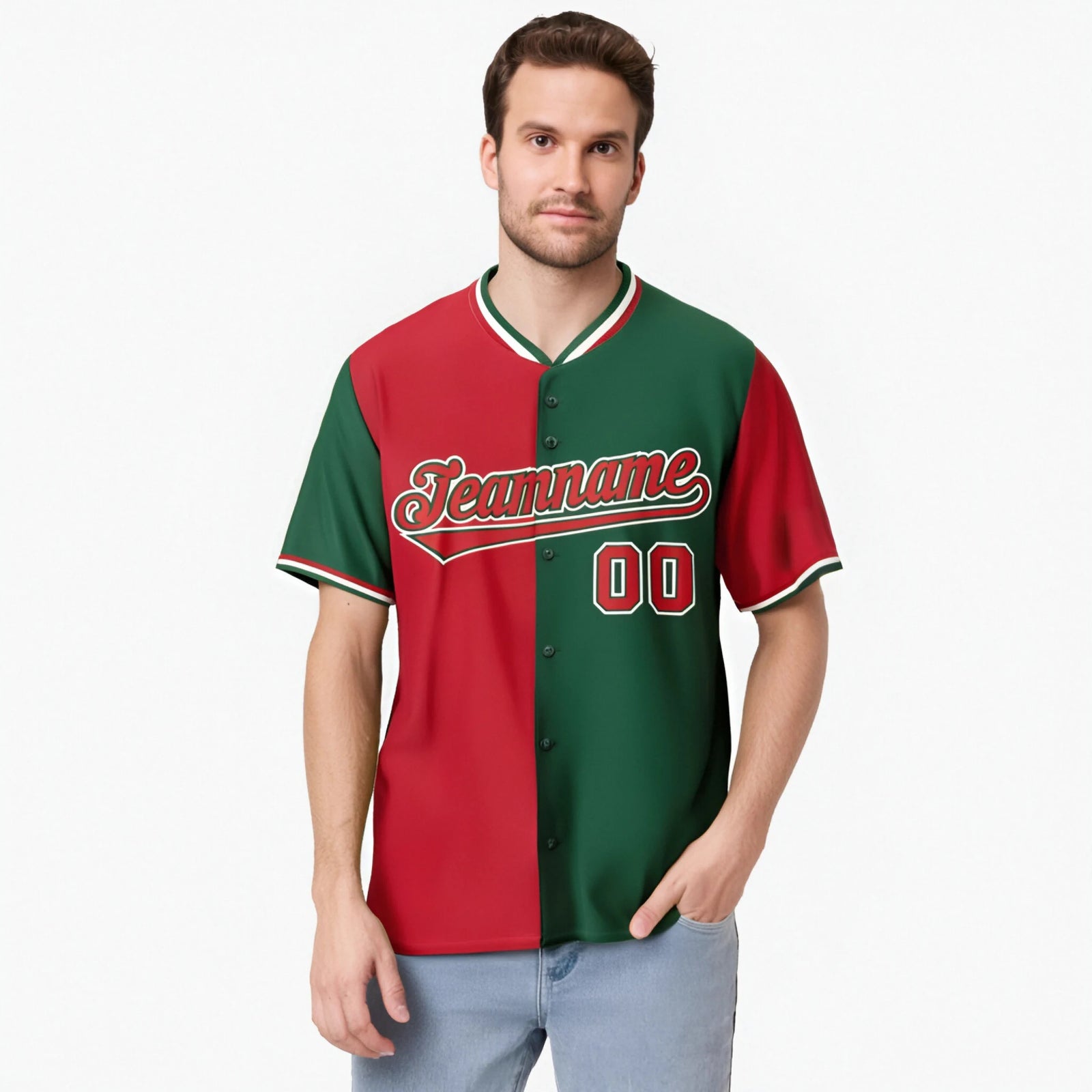 Custom Red Green Authentic Split Fashion Baseball Jersey