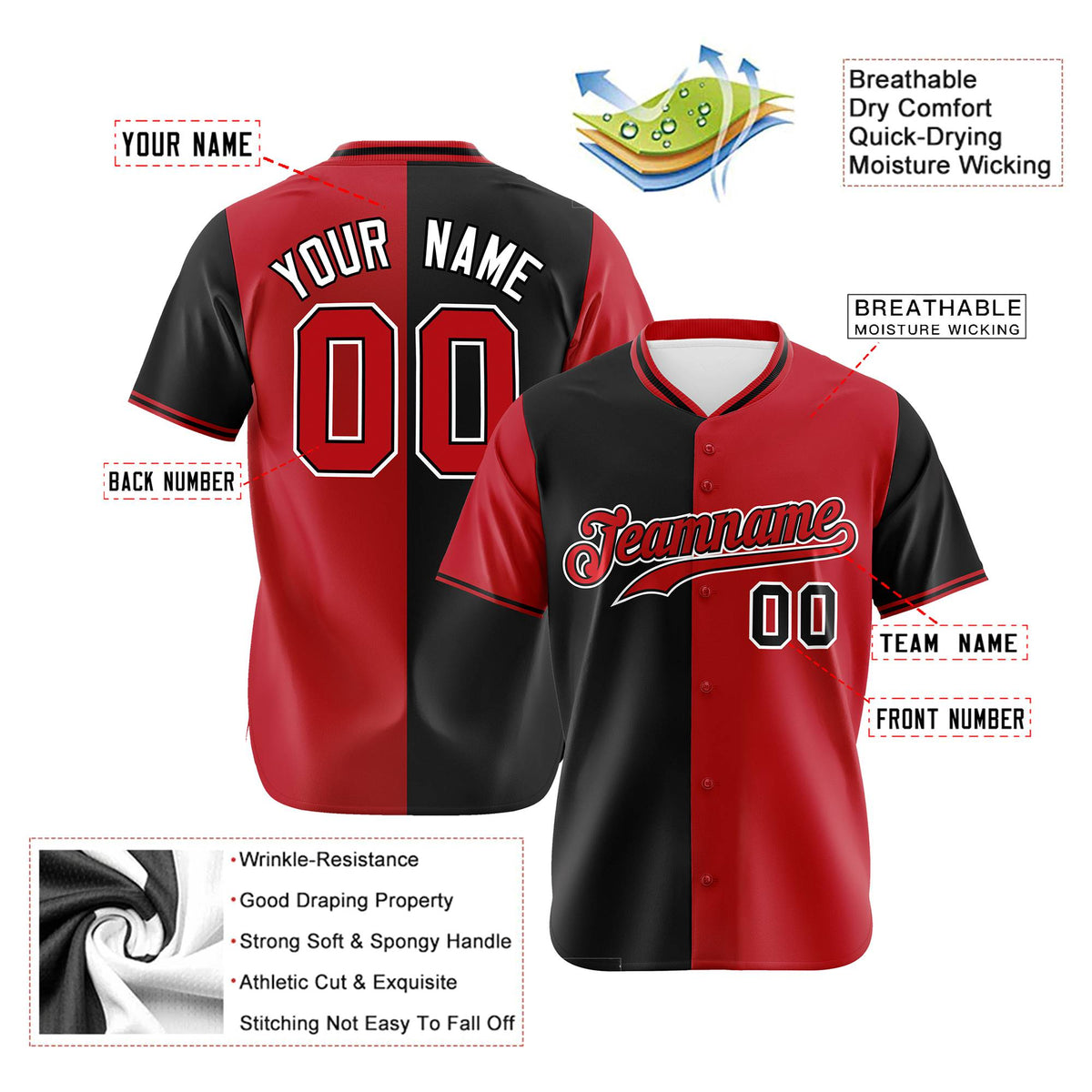 Custom Black Red Authentic Split Fashion Baseball Jersey
