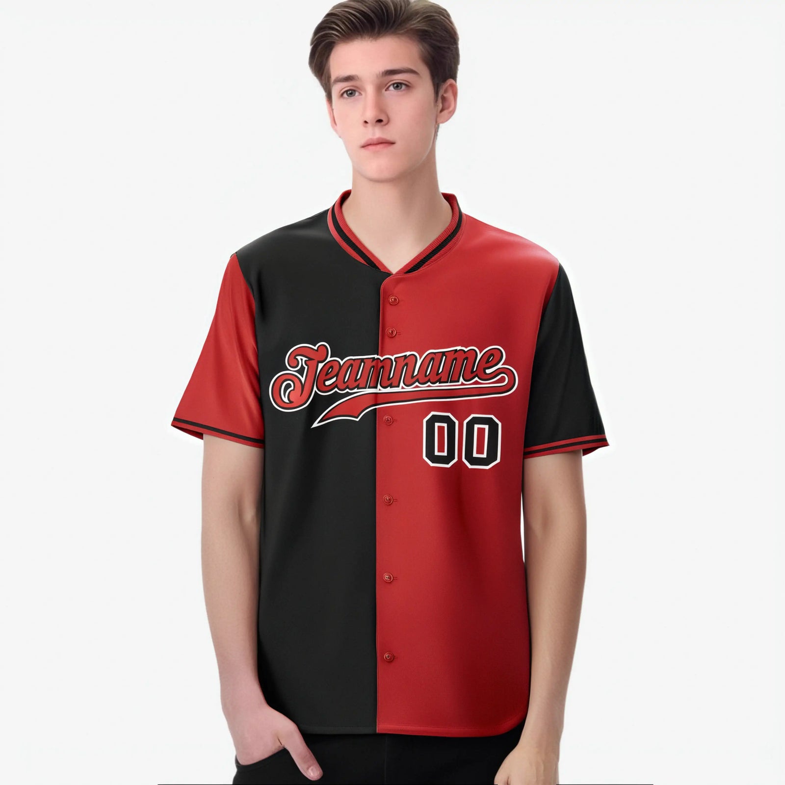 Custom Black Red Authentic Split Fashion Baseball Jersey