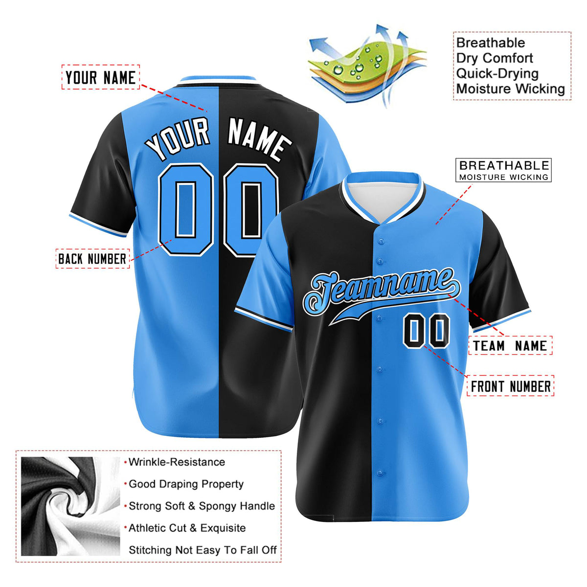 Custom Black Powder Blue Authentic Split Fashion Baseball Jersey