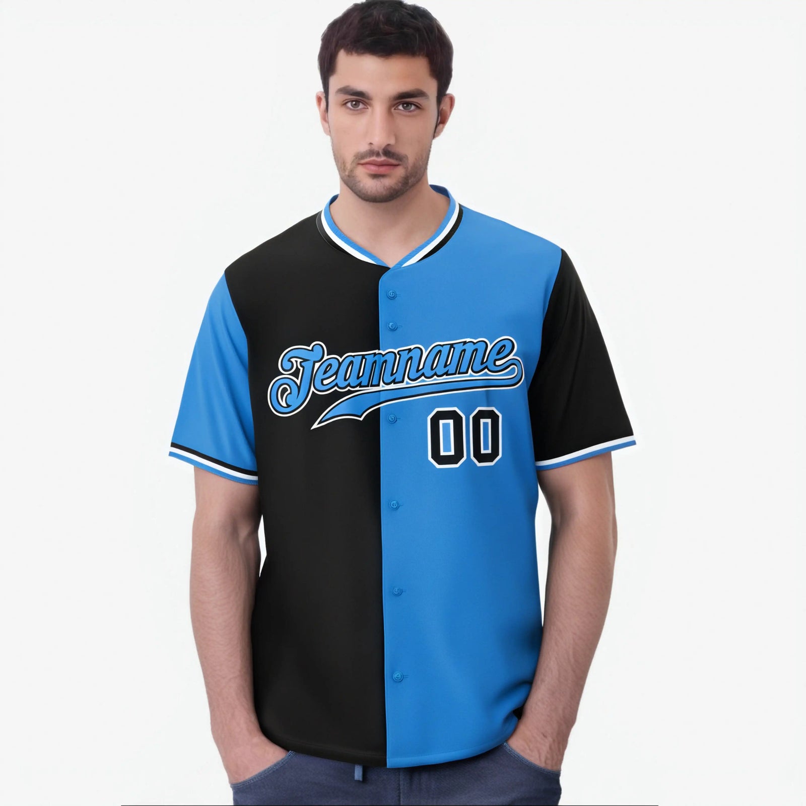 Custom Black Powder Blue Authentic Split Fashion Baseball Jersey