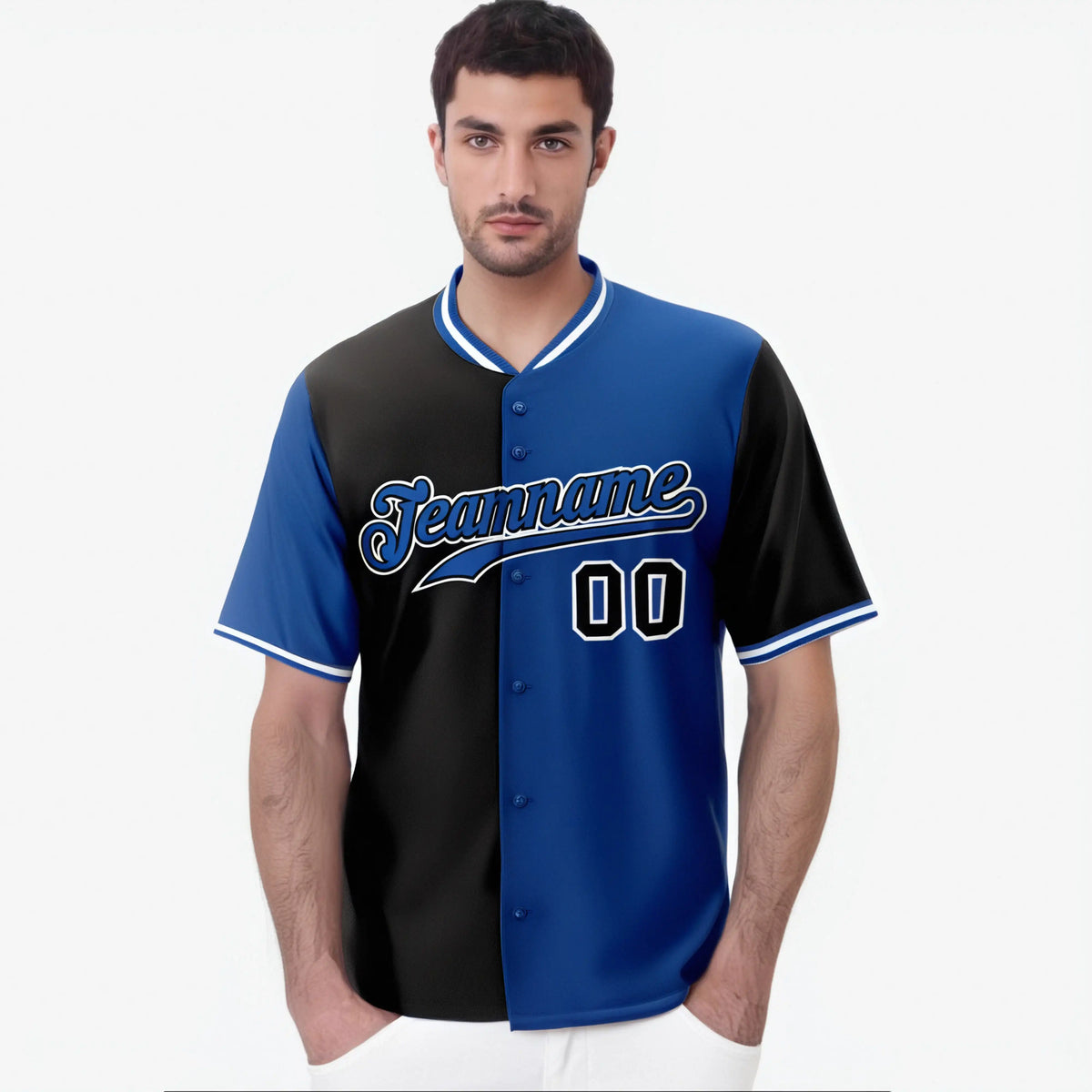Custom Black Royal Blue Authentic Split Fashion Baseball Jersey
