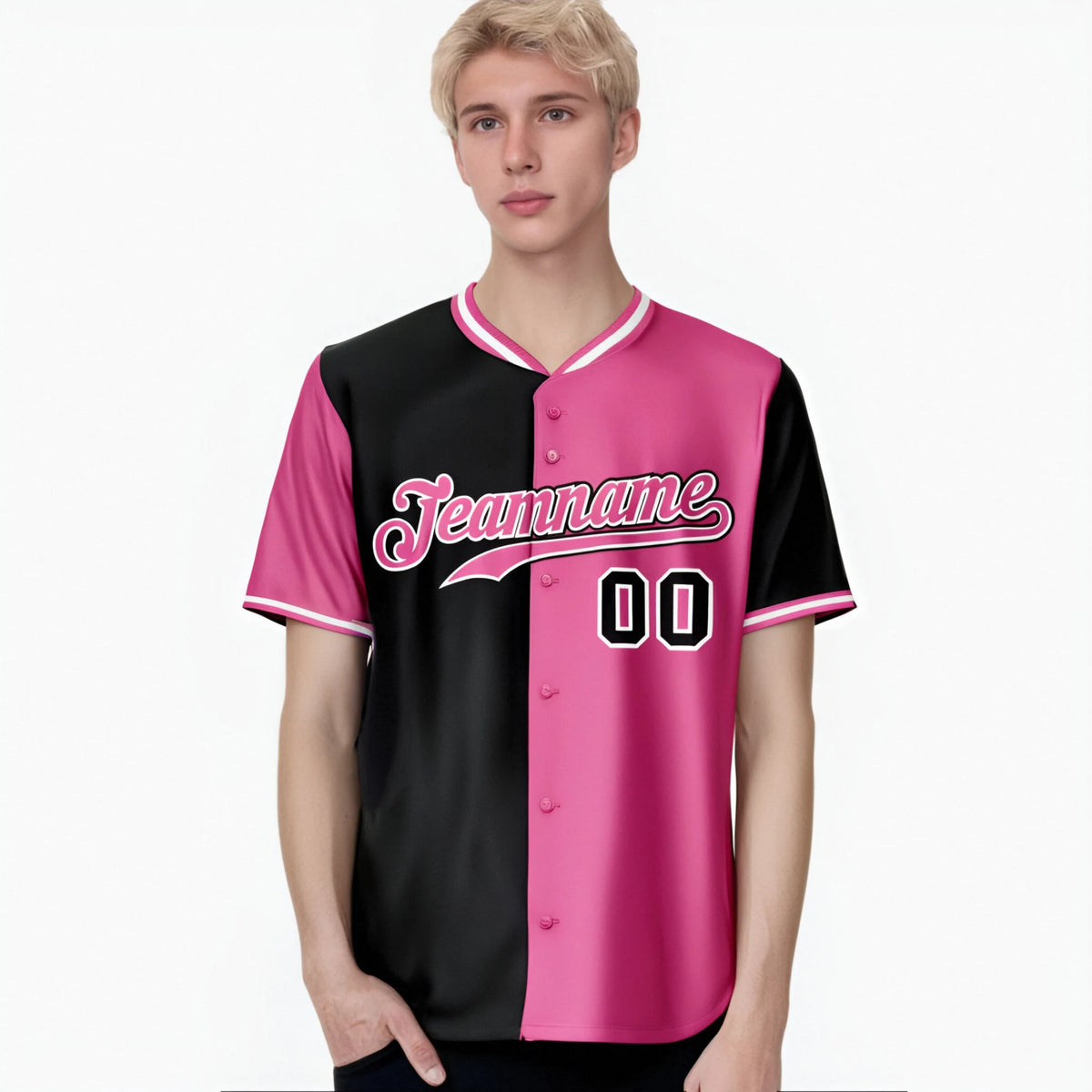 Custom Black Pink Authentic Split Fashion Baseball Jersey