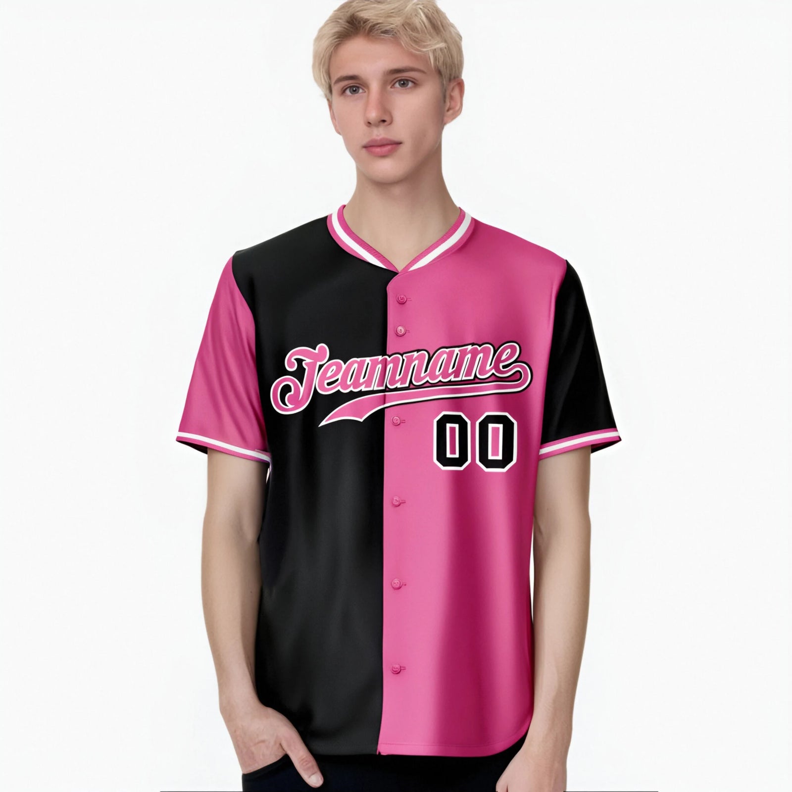 Custom Black Pink Authentic Split Fashion Baseball Jersey