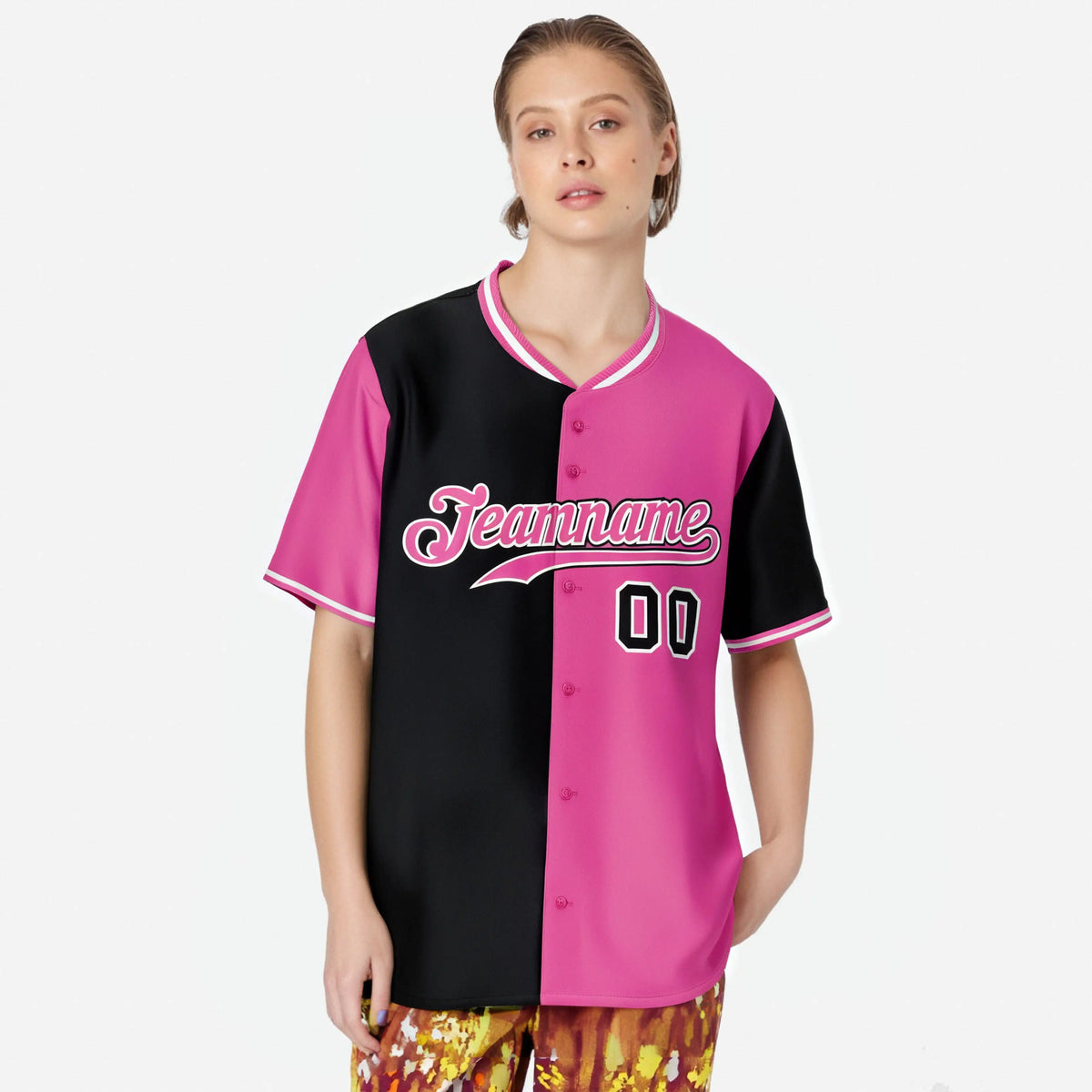 Custom Black Pink Authentic Split Fashion Baseball Jersey