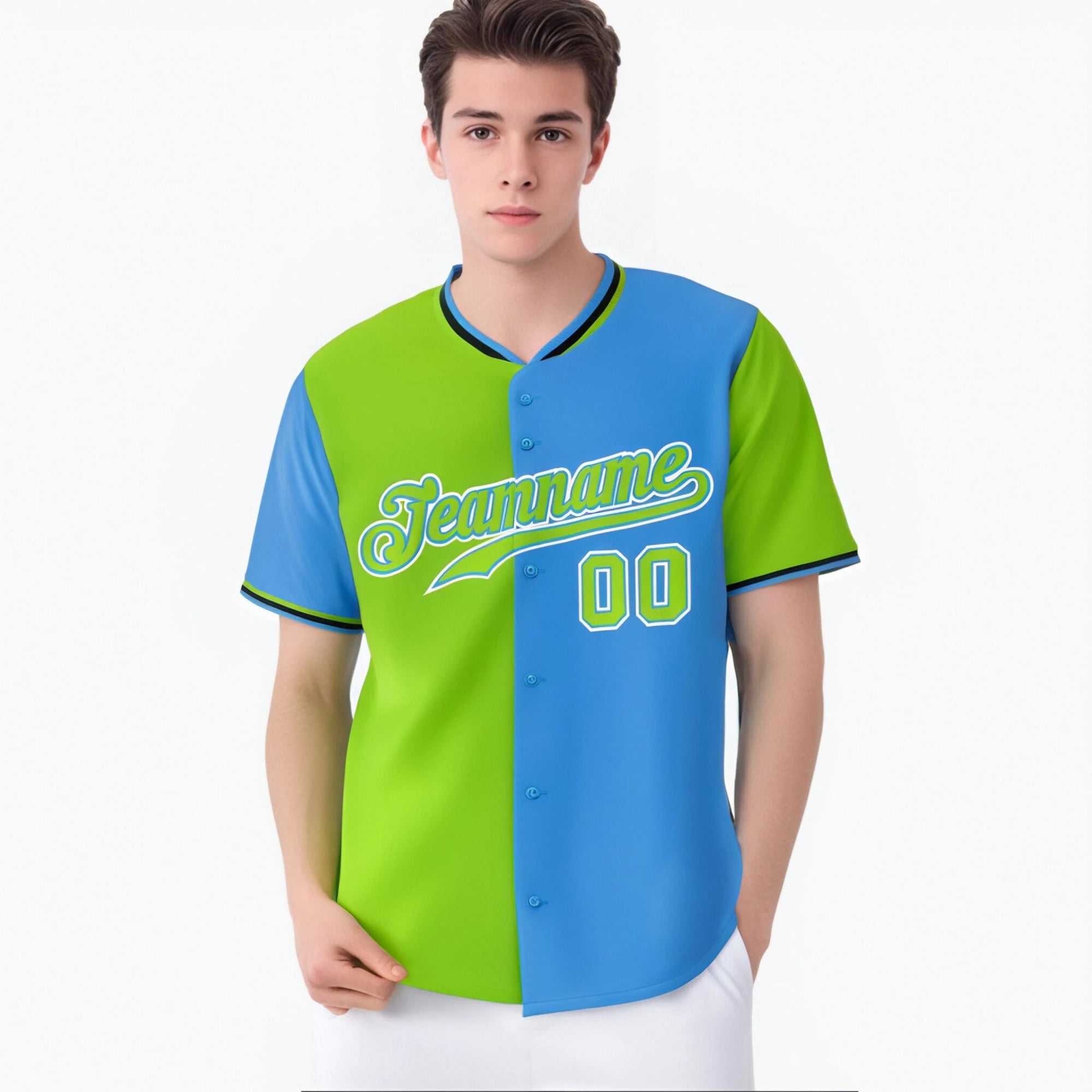 Custom Neon Green-Powder Blue Authentic Split Fashion Baseball Jersey