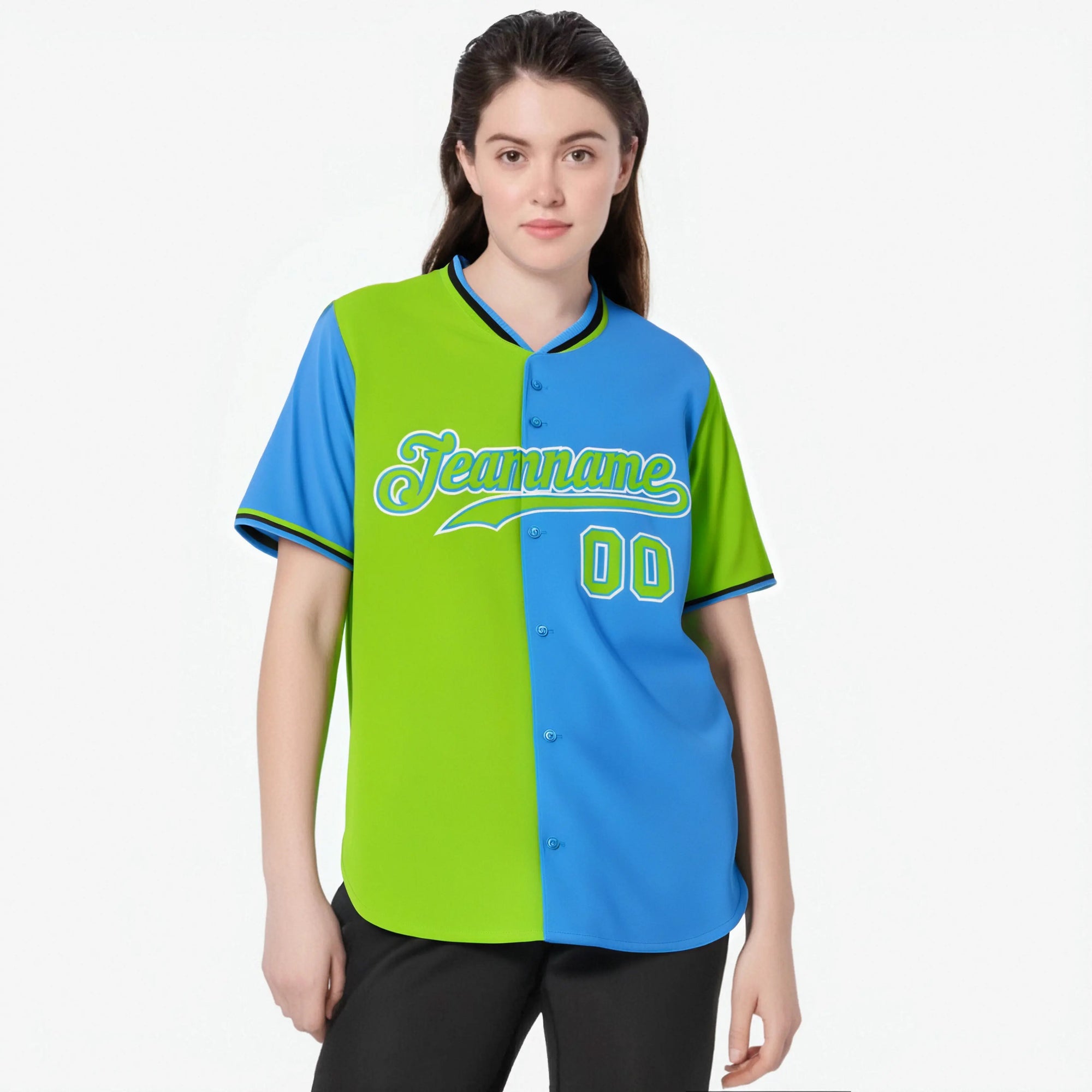 Custom Neon Green-Powder Blue Authentic Split Fashion Baseball Jersey