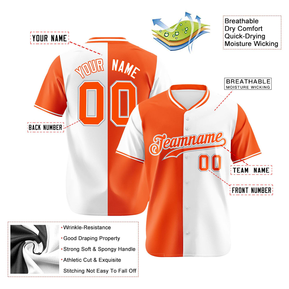 Custom Orange White Authentic Split Fashion Baseball Jersey