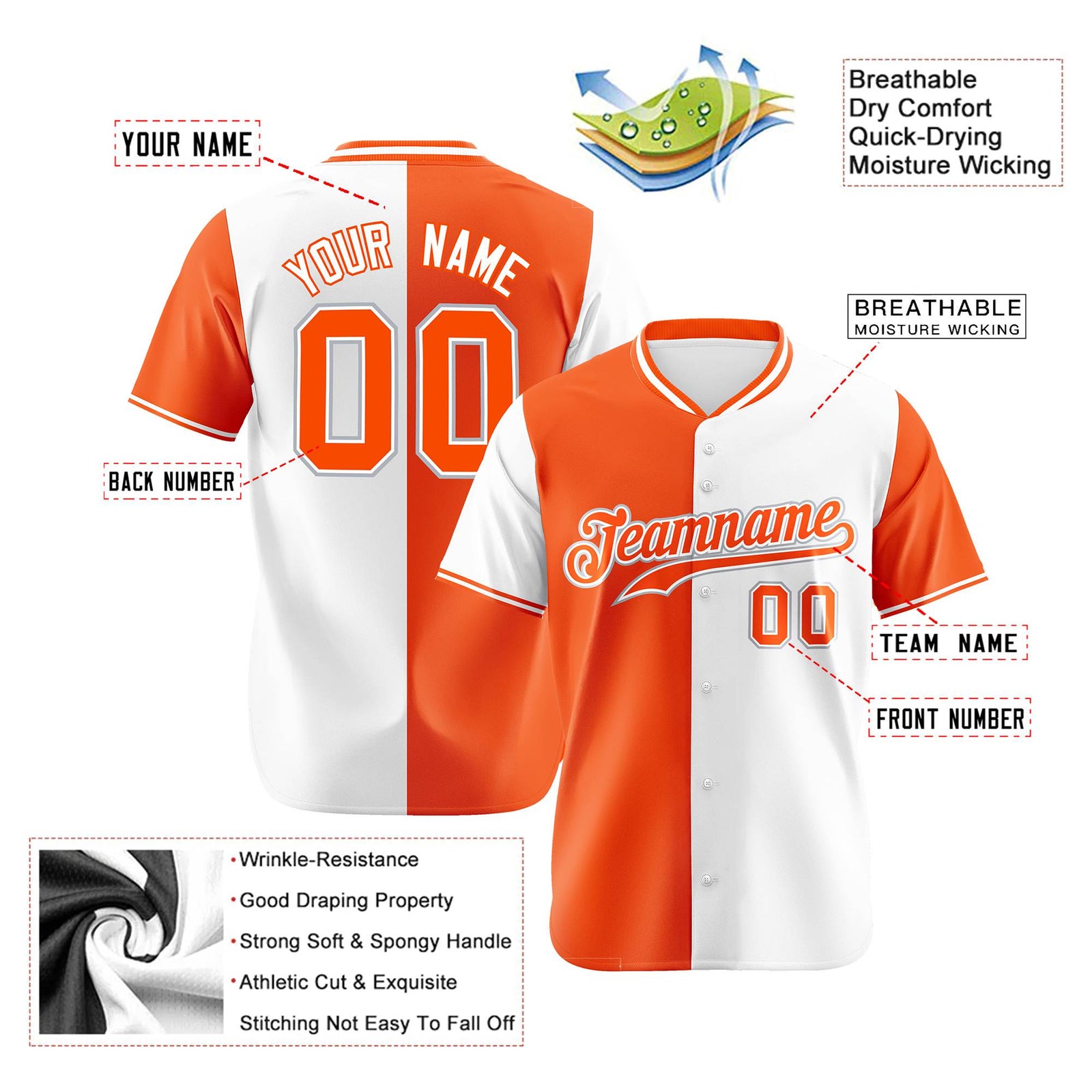 Custom Orange White Authentic Split Fashion Baseball Jersey