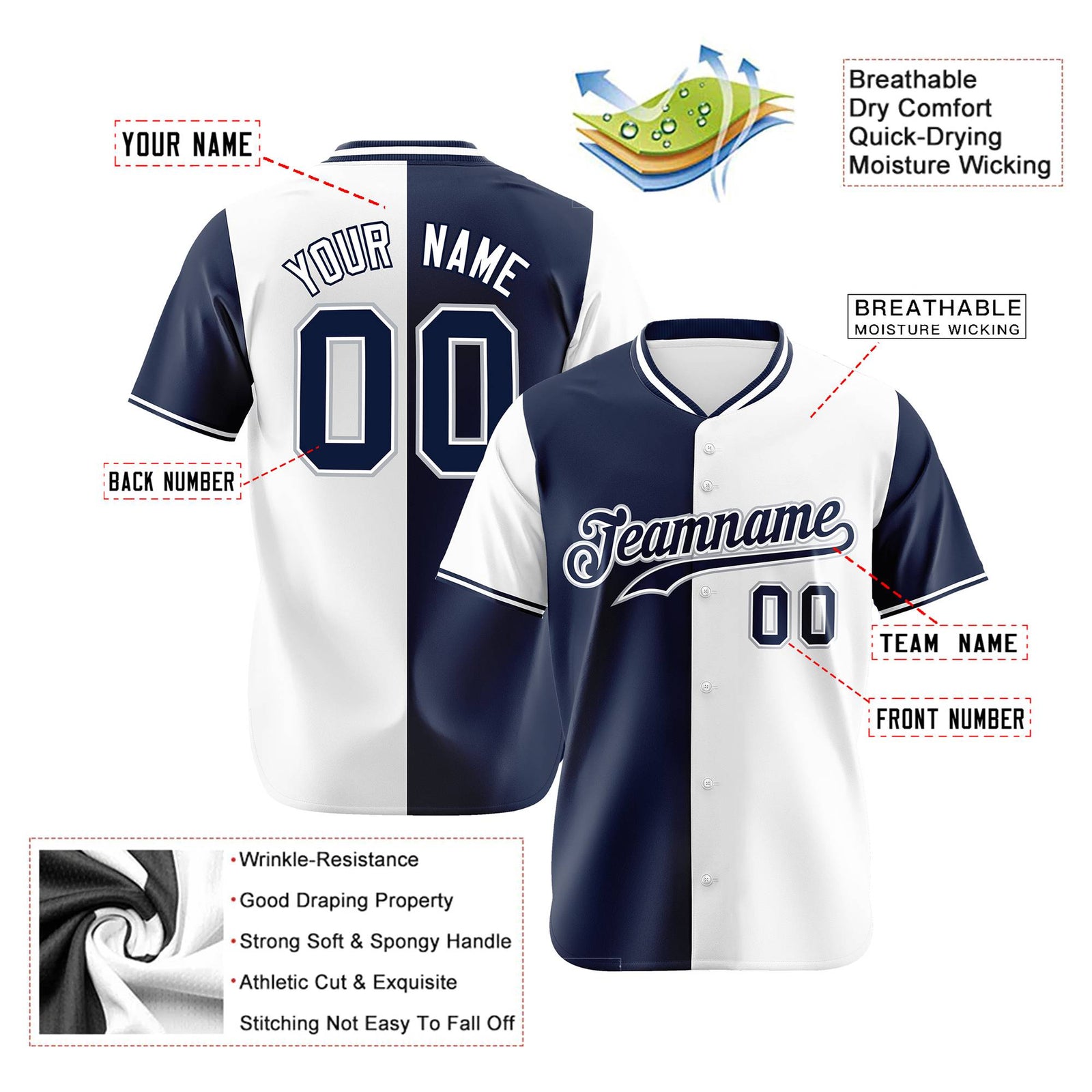 Custom Navy White Authentic Split Fashion Baseball Jersey