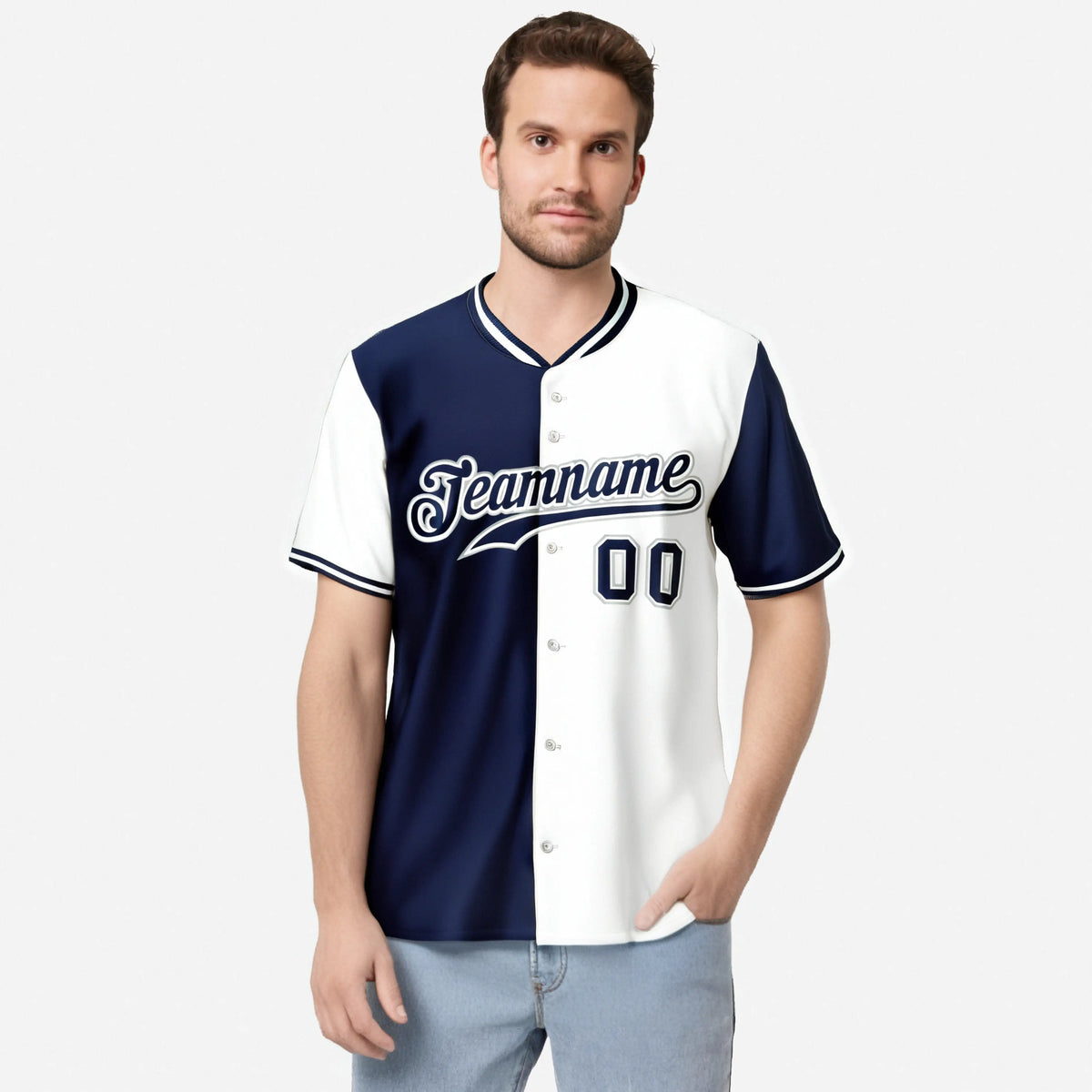 Custom Navy White Authentic Split Fashion Baseball Jersey