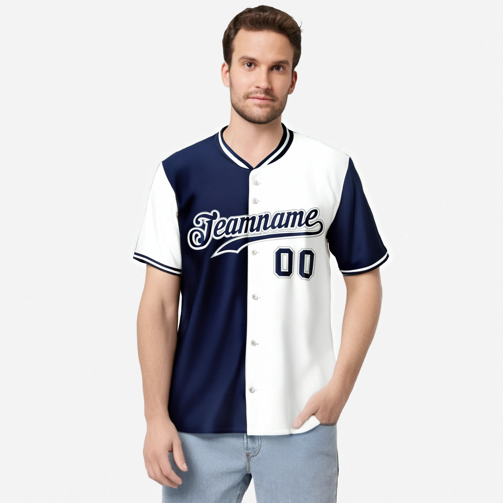 Custom Navy White Authentic Split Fashion Baseball Jersey