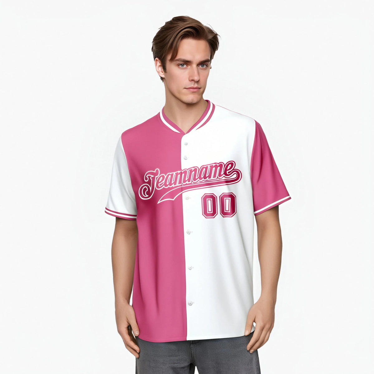 Custom Pink White Authentic Split Fashion Baseball Jersey
