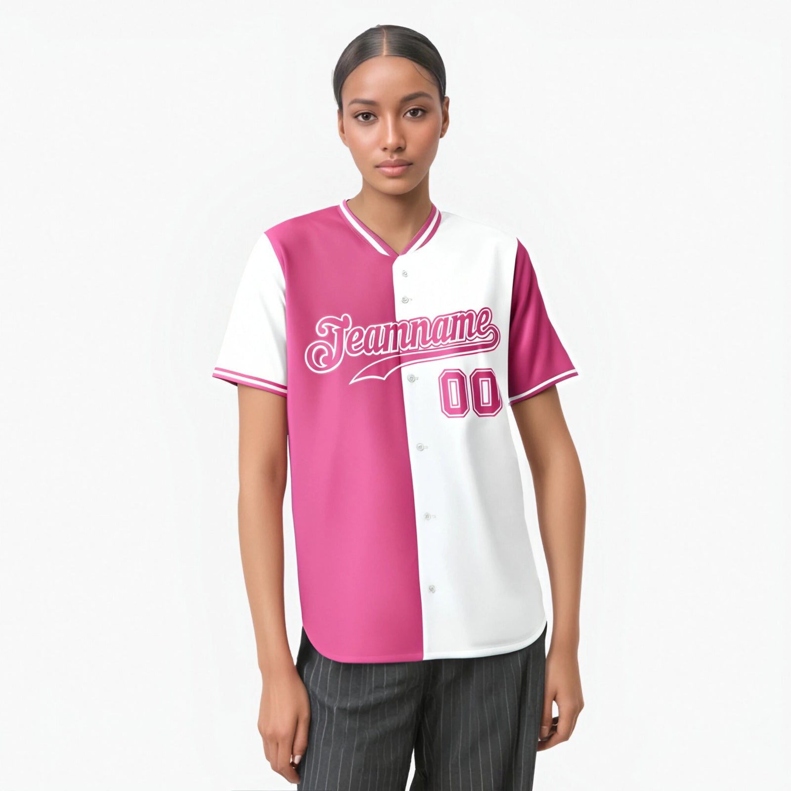 Custom Pink White Authentic Split Fashion Baseball Jersey