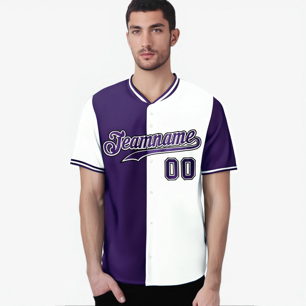 Custom Purple White Authentic Split Fashion Baseball Jersey