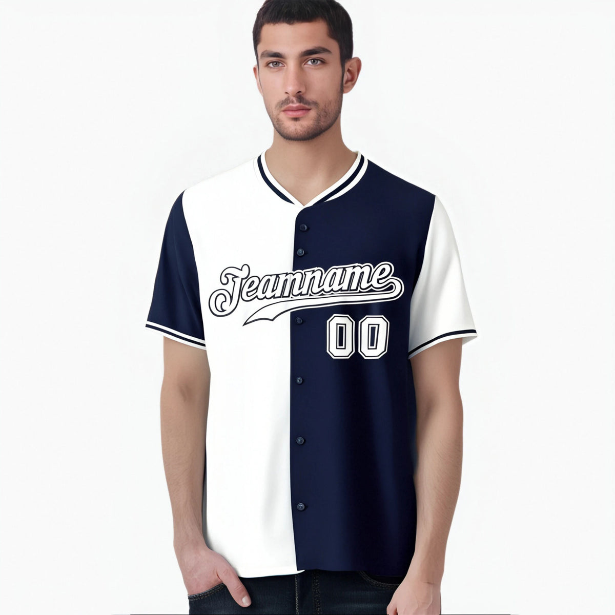 Custom White Navy Authentic Split Fashion Baseball Jersey
