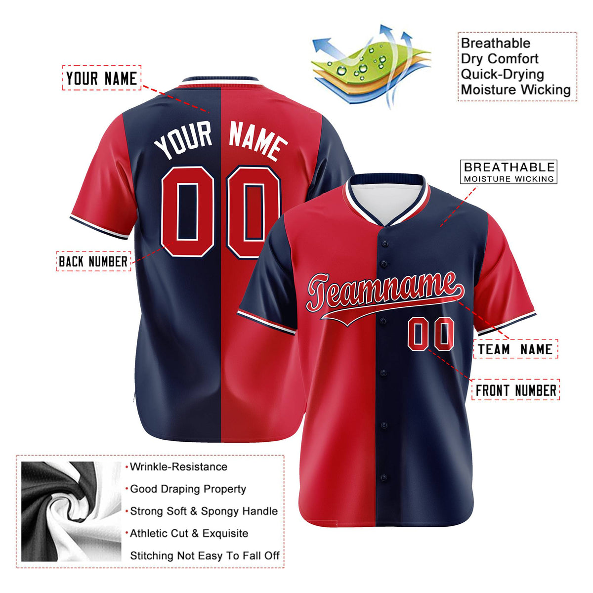 Custom Red Navy Authentic Split Fashion Baseball Jersey