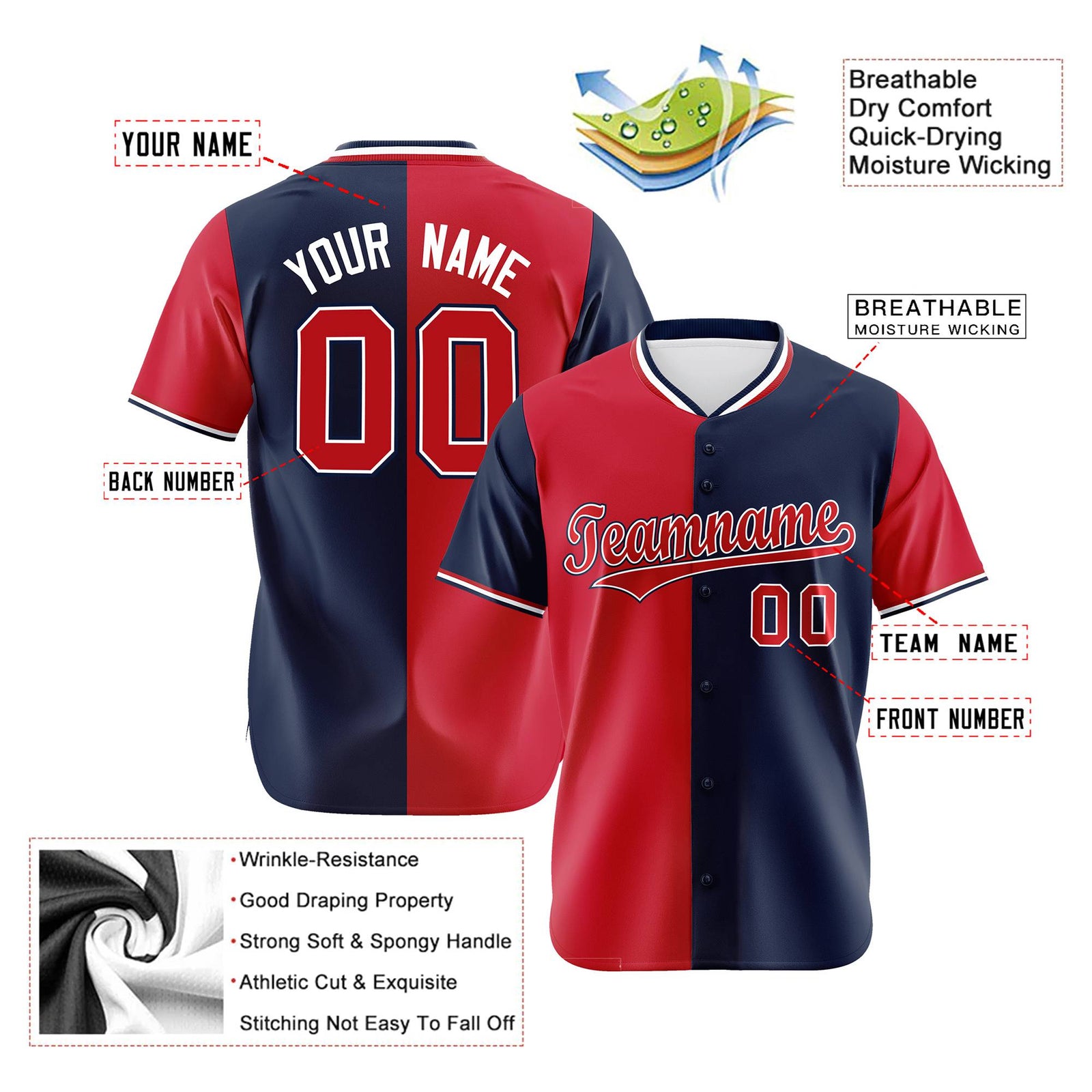 Custom Red Navy Authentic Split Fashion Baseball Jersey