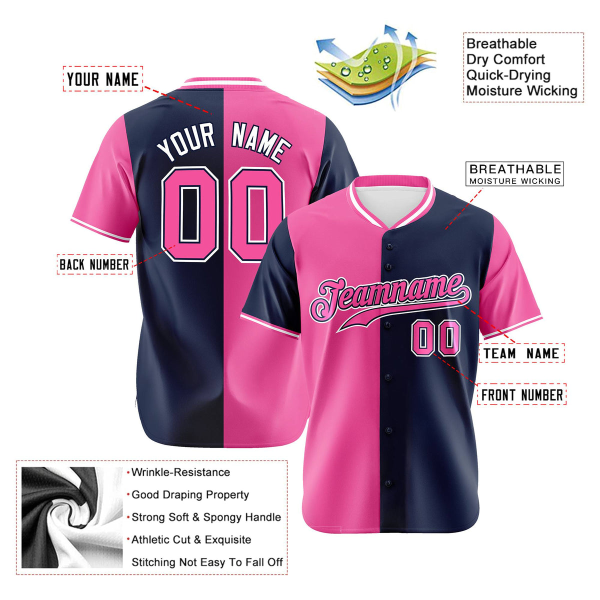 Custom Pink Navy Authentic Split Fashion Baseball Jersey