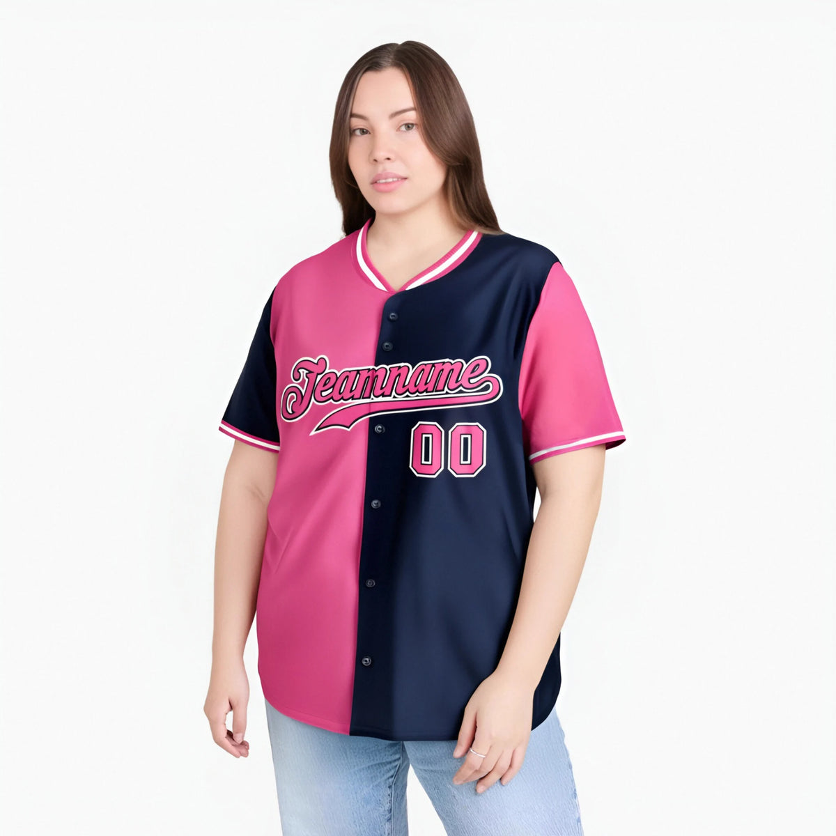 Custom Pink Navy Authentic Split Fashion Baseball Jersey