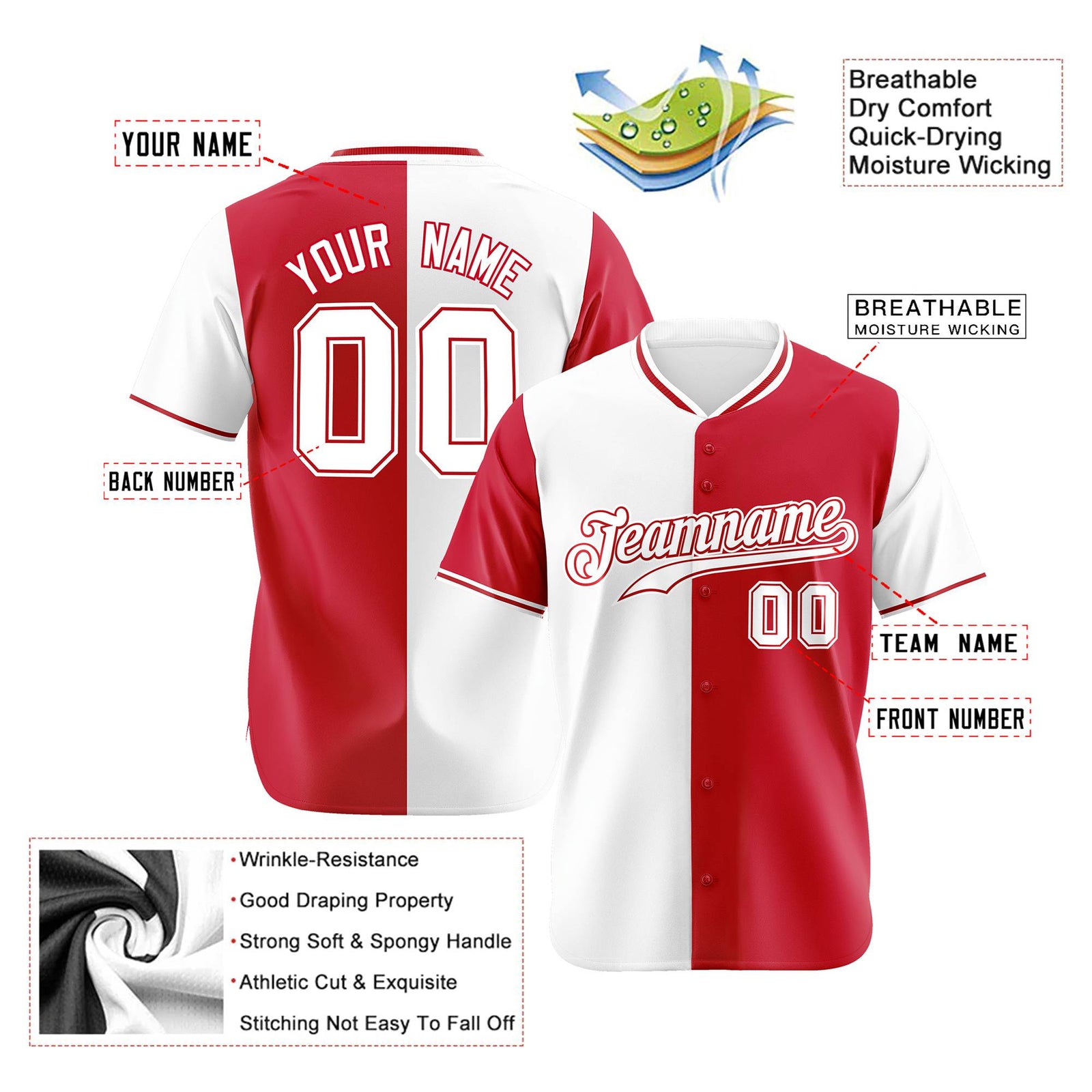 Custom White Red Authentic Split Fashion Baseball Jersey