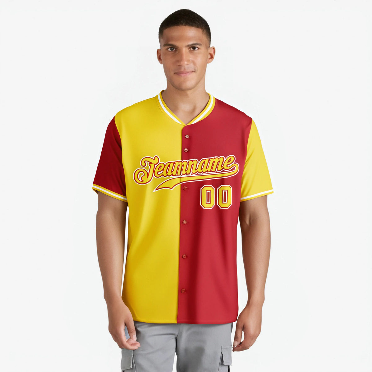 Custom Yellow Red Authentic Split Fashion Baseball Jersey