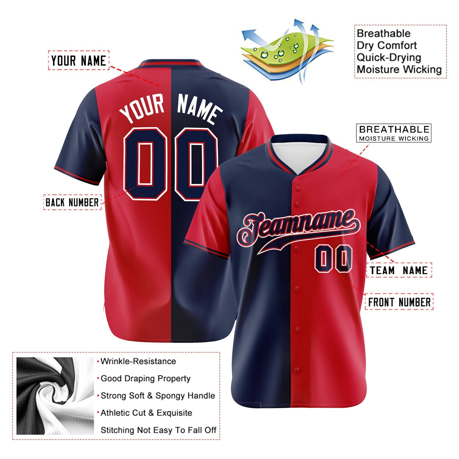 Custom Navy Red Authentic Split Fashion Baseball Jersey