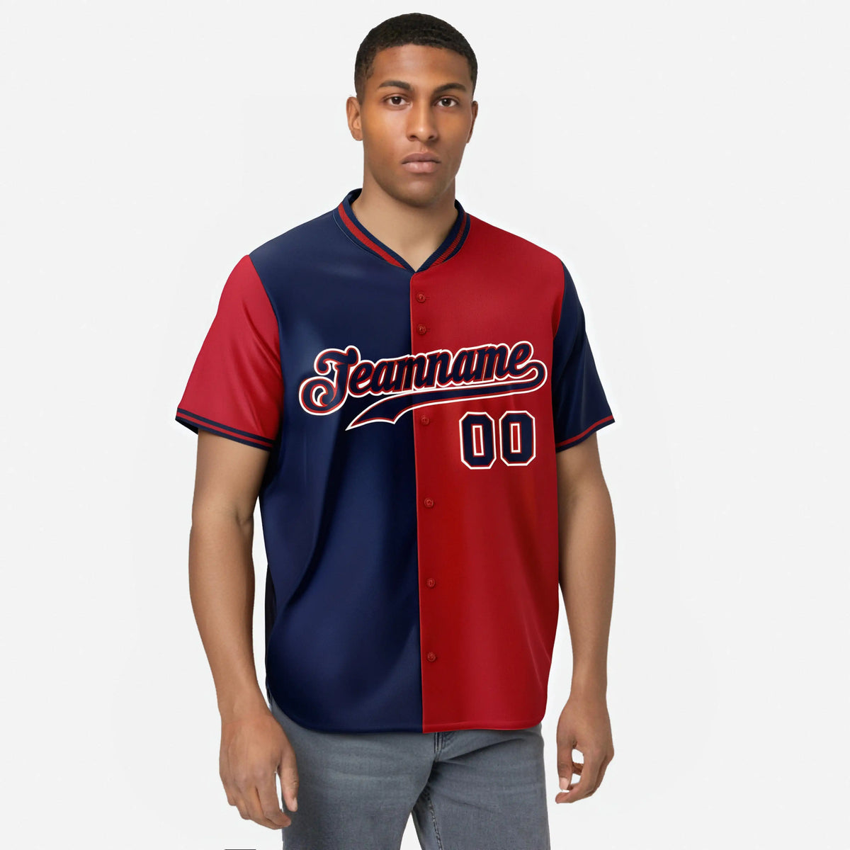Custom Navy Red Authentic Split Fashion Baseball Jersey