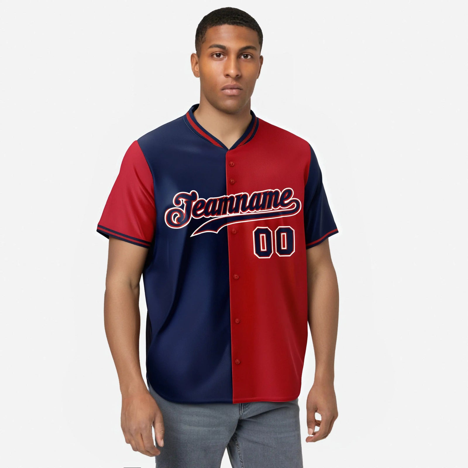 Custom Navy Red Authentic Split Fashion Baseball Jersey