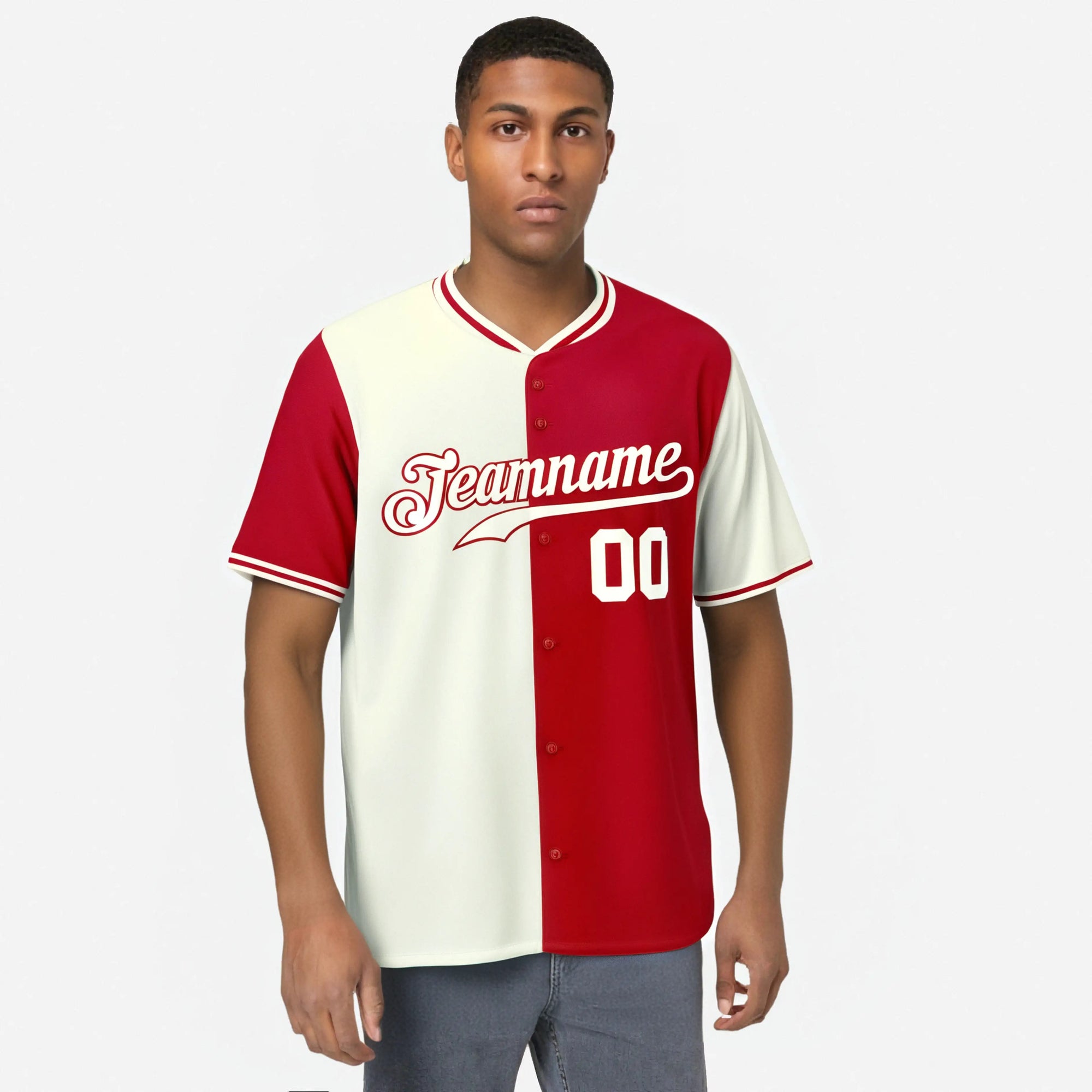 Custom Cream Red Authentic Split Fashion Baseball Jersey