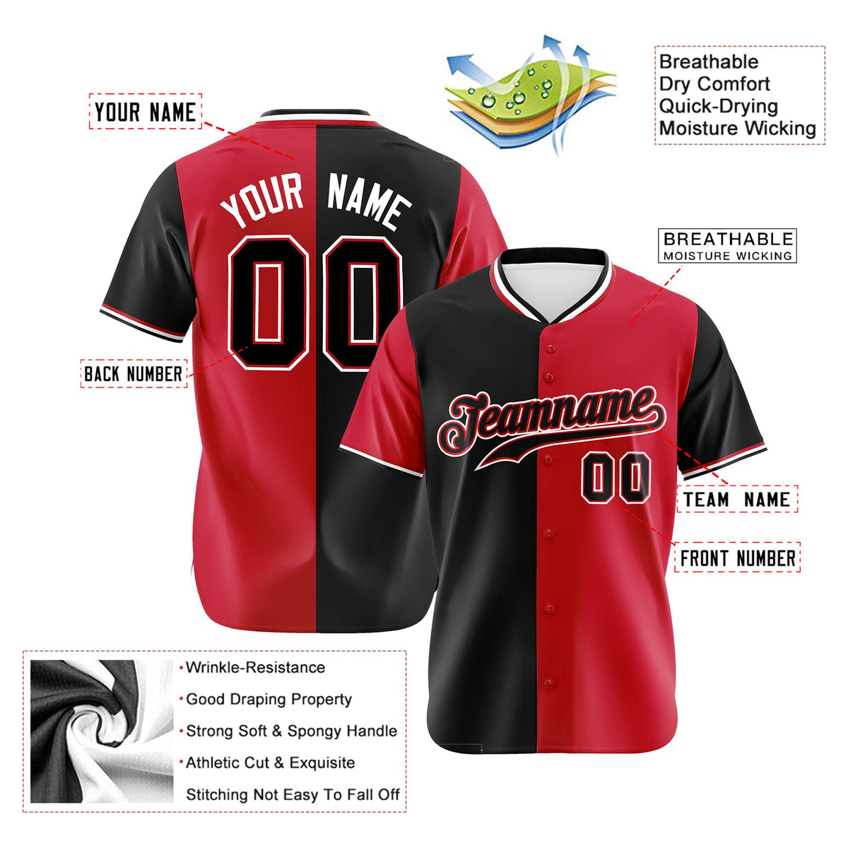 Custom Black Red Authentic Split Fashion Baseball Jersey