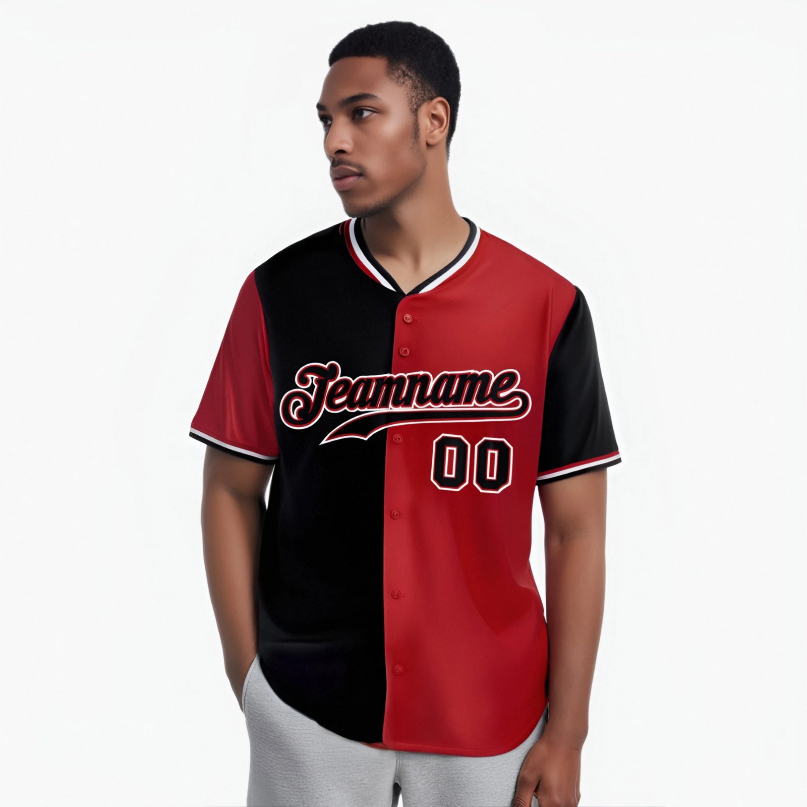 Custom Black Red Authentic Split Fashion Baseball Jersey