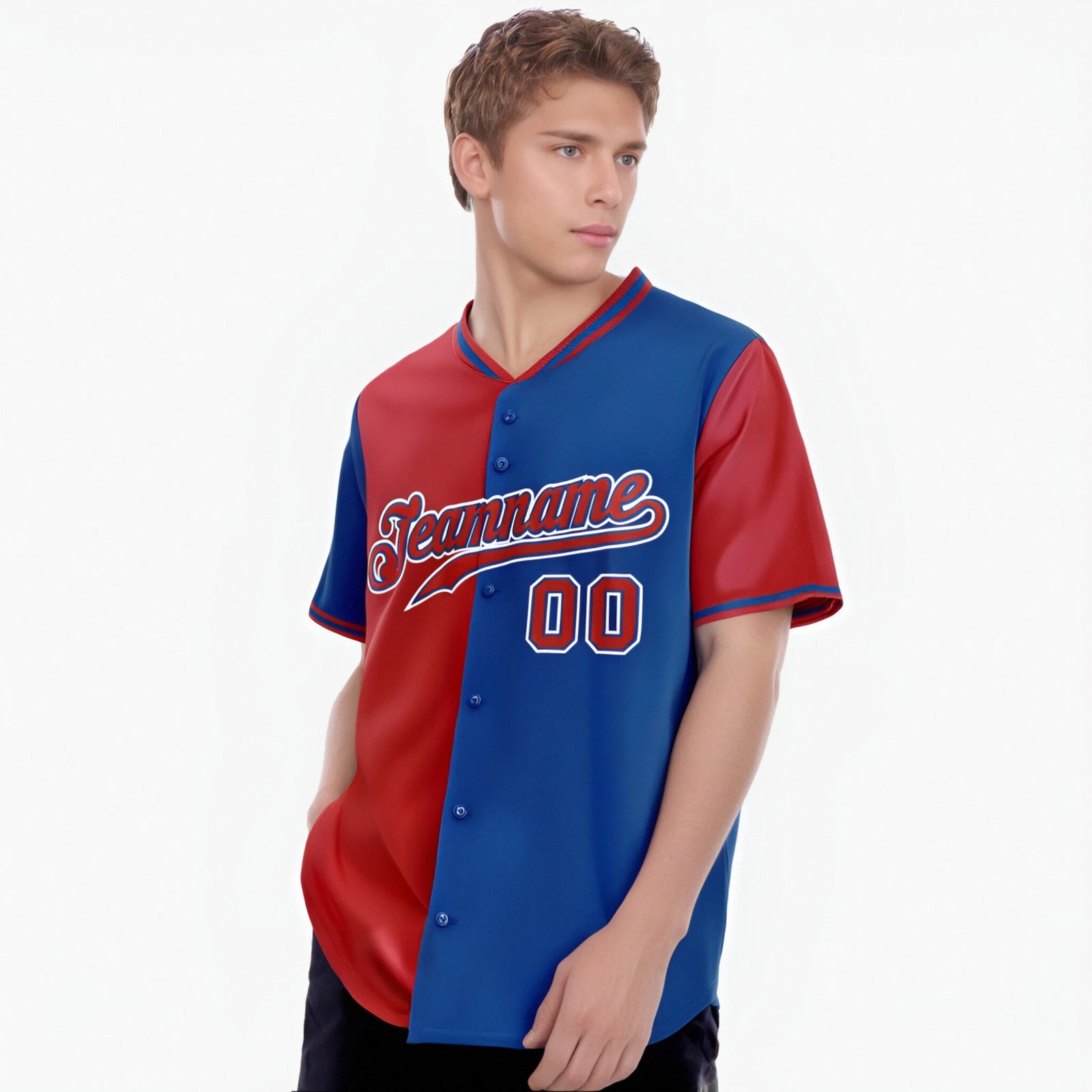 Custom Red Royal Blue Authentic Split Fashion Baseball Jersey