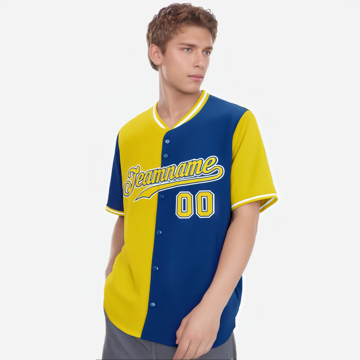 Custom Yellow Royal Blue Authentic Split Fashion Baseball Jersey
