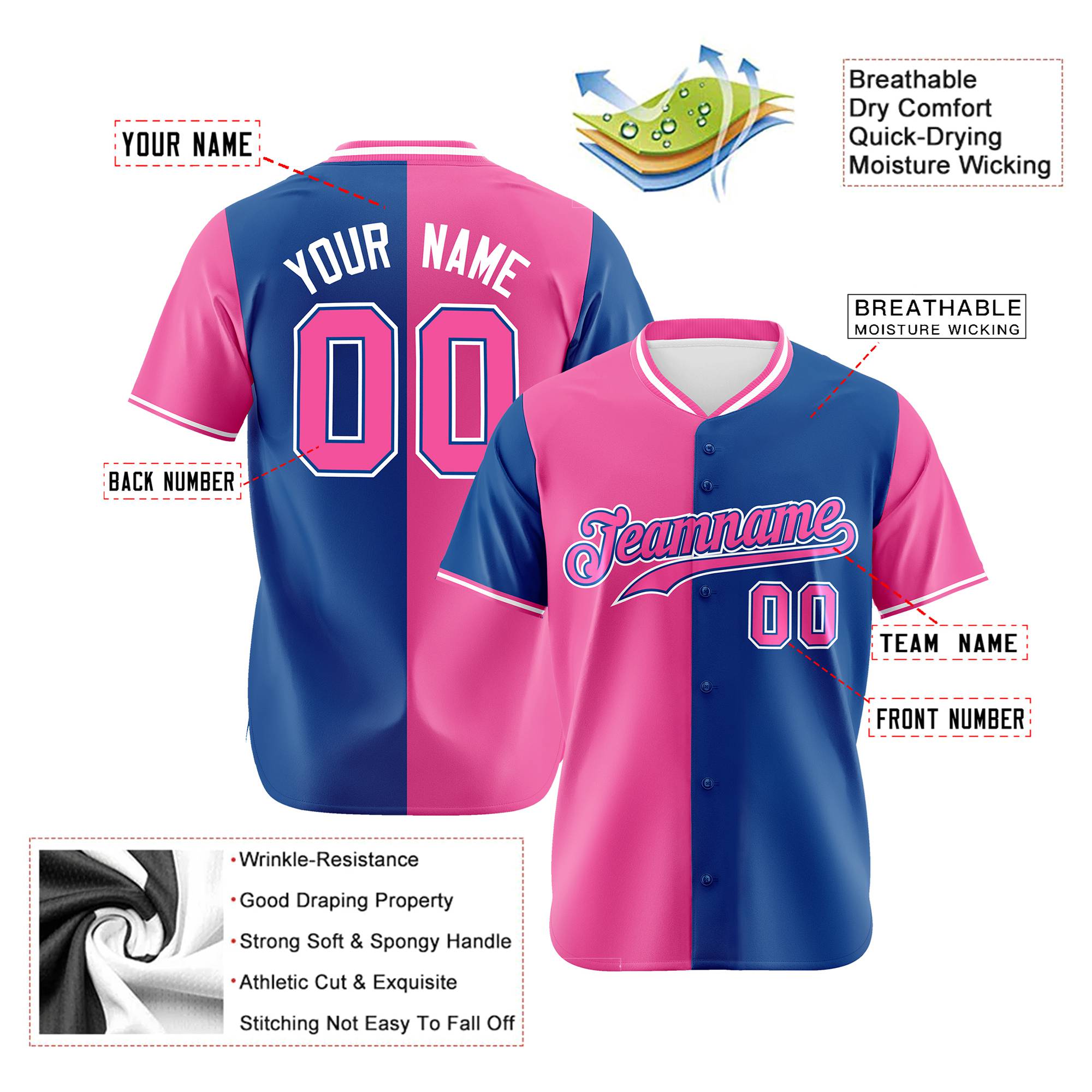 Custom Pink Royal Blue Authentic Split Fashion Baseball Jersey