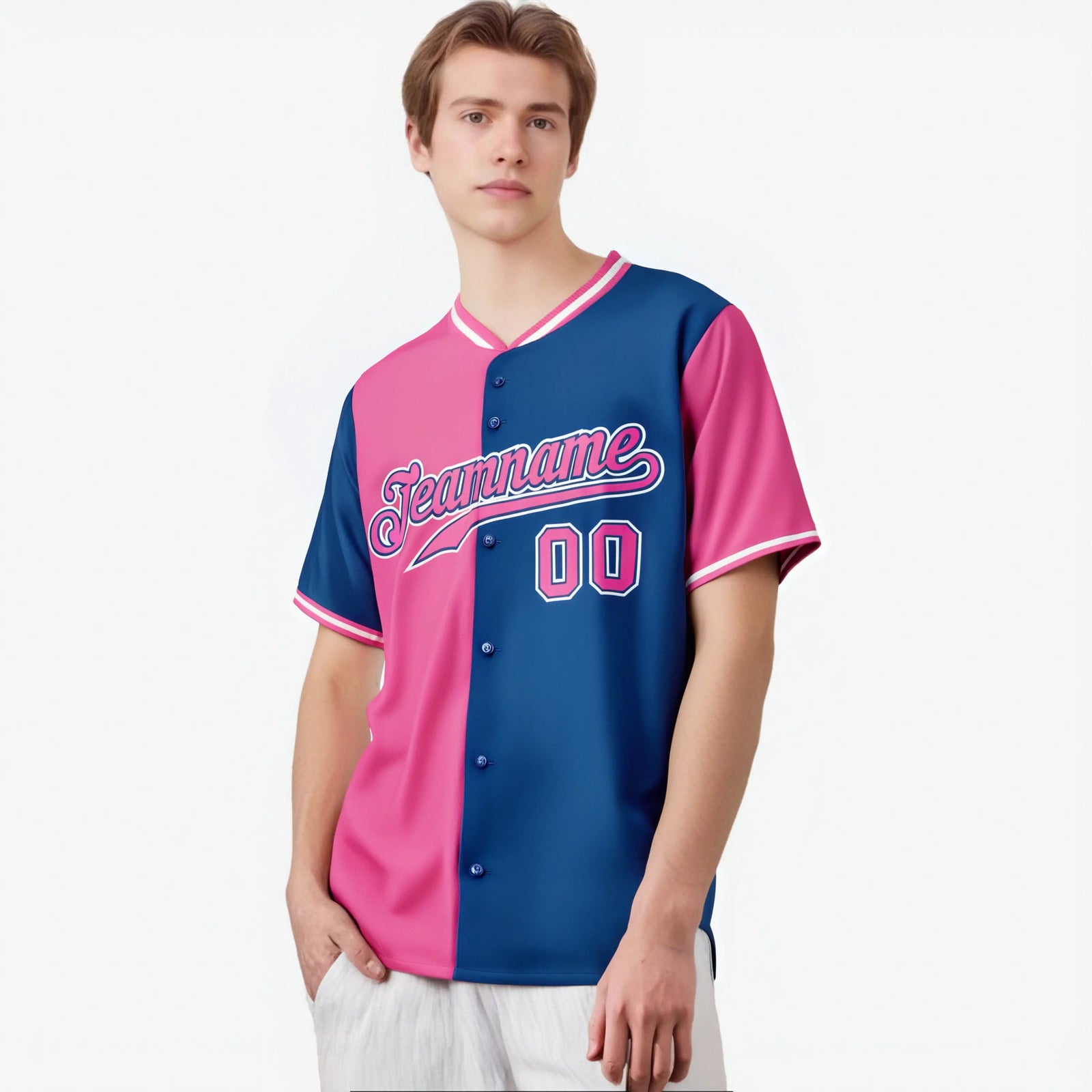 Custom Pink Royal Blue Authentic Split Fashion Baseball Jersey