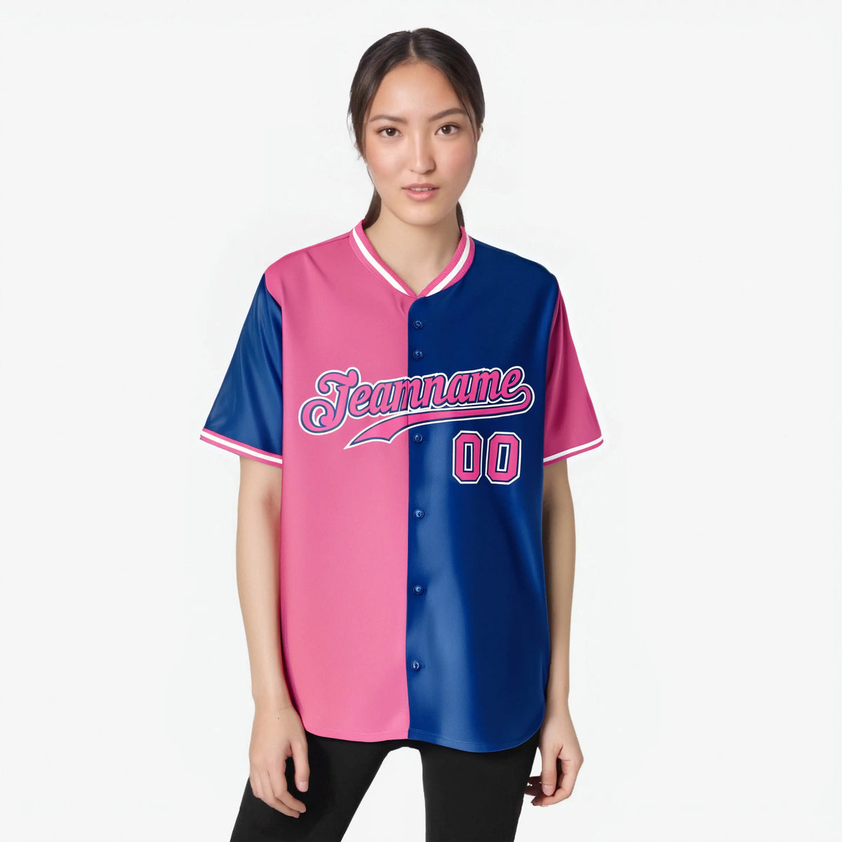 Custom Pink Royal Blue Authentic Split Fashion Baseball Jersey