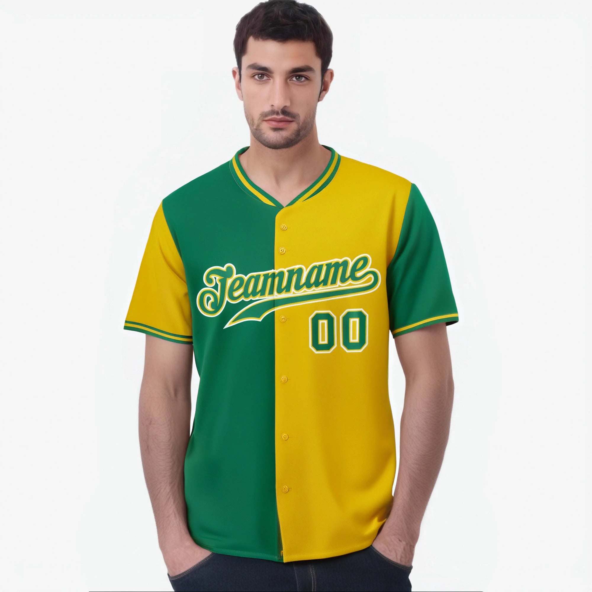 Custom Kelly Green Gold Authentic Split Fashion Baseball Jersey