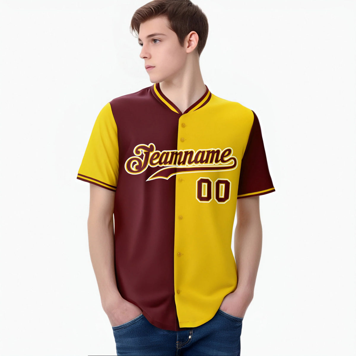 Custom Crimson Gold Authentic Split Fashion Baseball Jersey