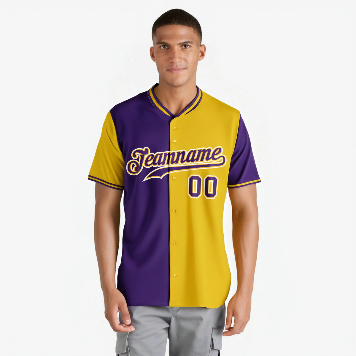 Custom Purple Gold Authentic Split Fashion Baseball Jersey