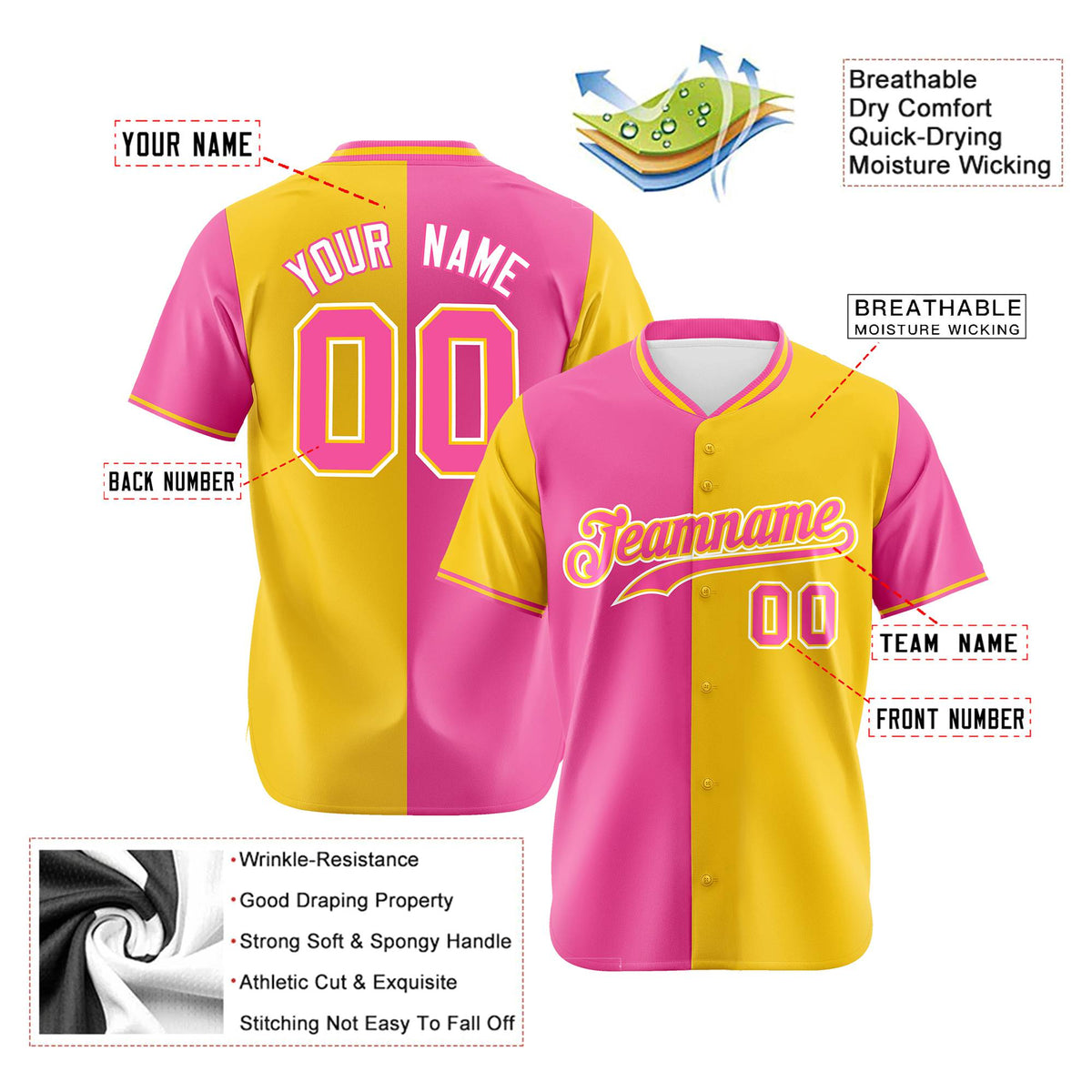 Custom Pink Gold Authentic Split Fashion Baseball Jersey