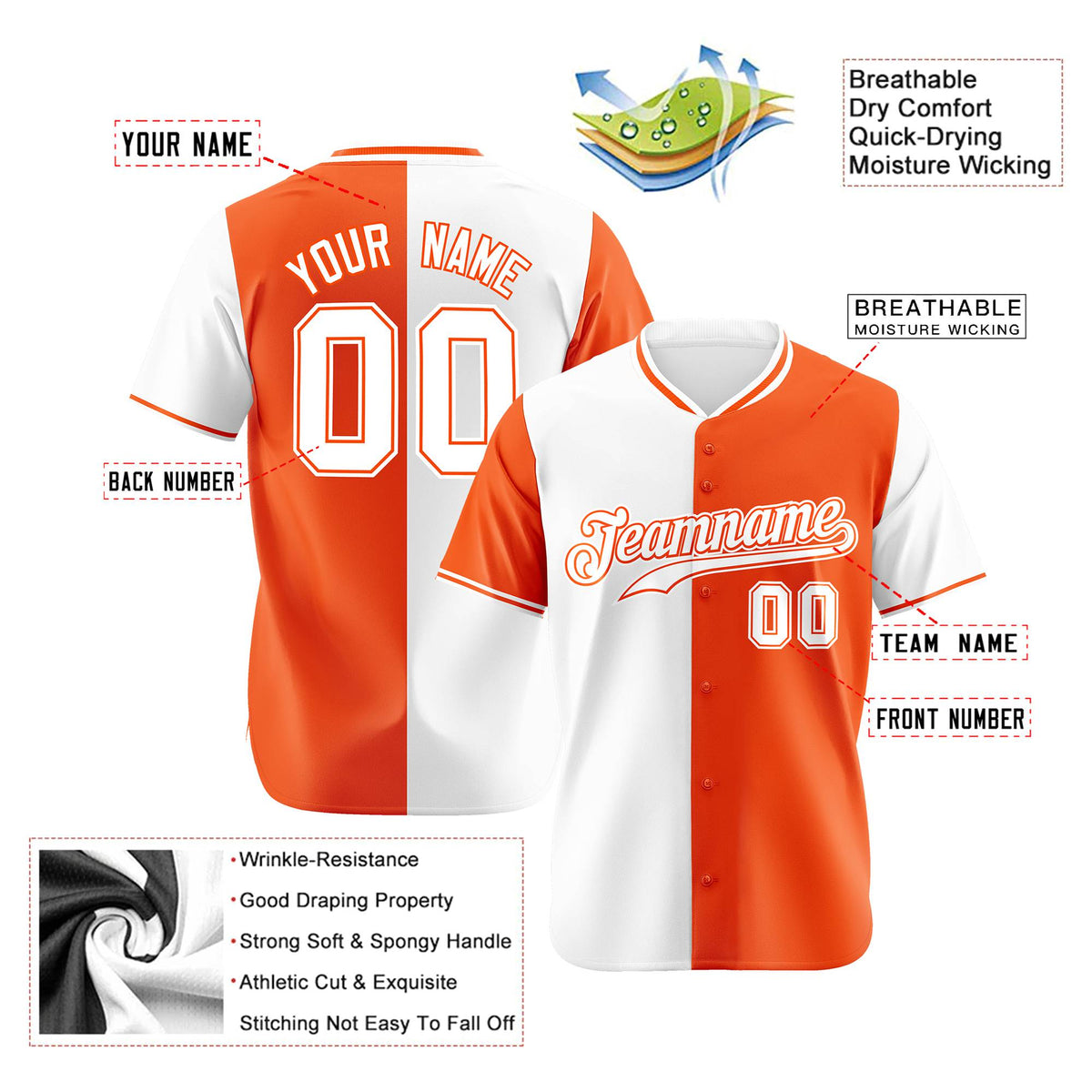 Custom White Orange Authentic Split Fashion Baseball Jersey
