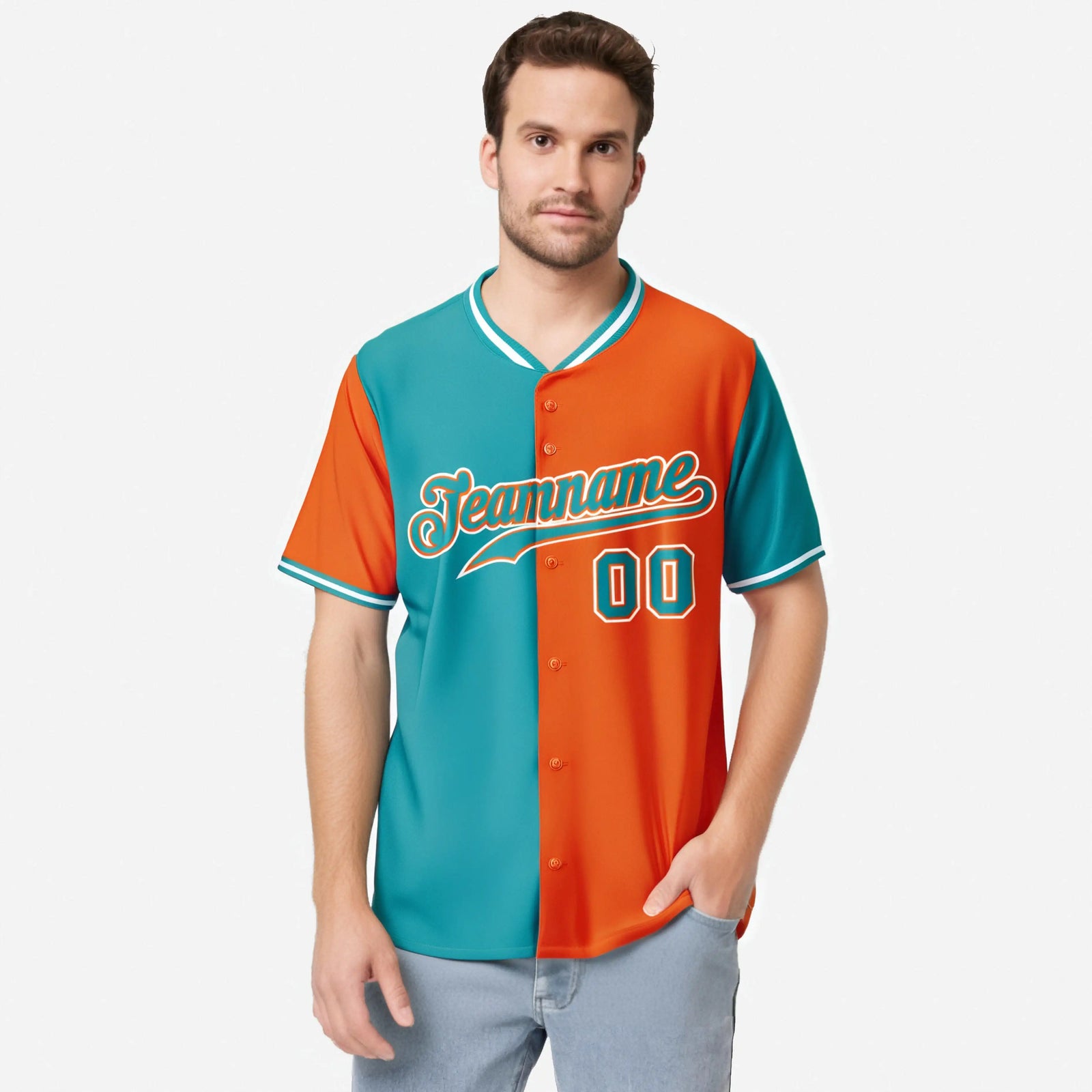 Custom Aqua Orange Authentic Split Fashion Baseball Jersey