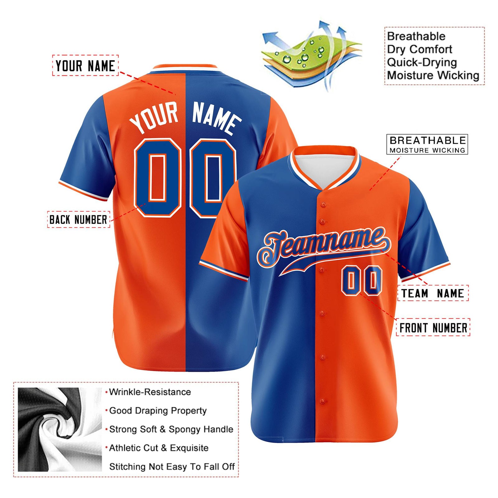 Custom Royal Blue Orange Authentic Split Fashion Baseball Jersey