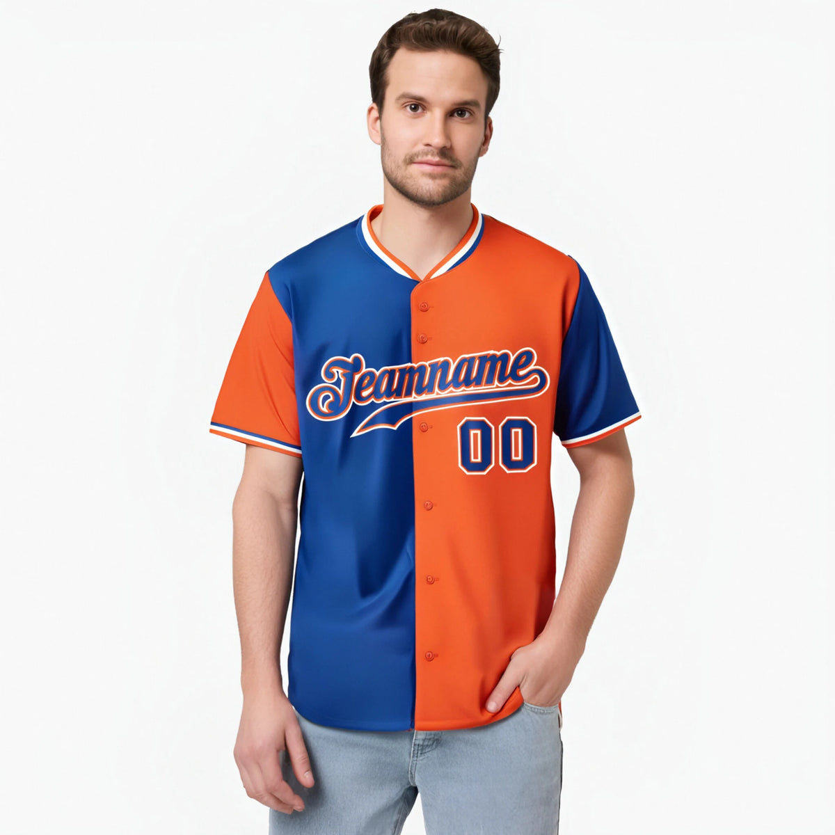 Custom Royal Blue Orange Authentic Split Fashion Baseball Jersey
