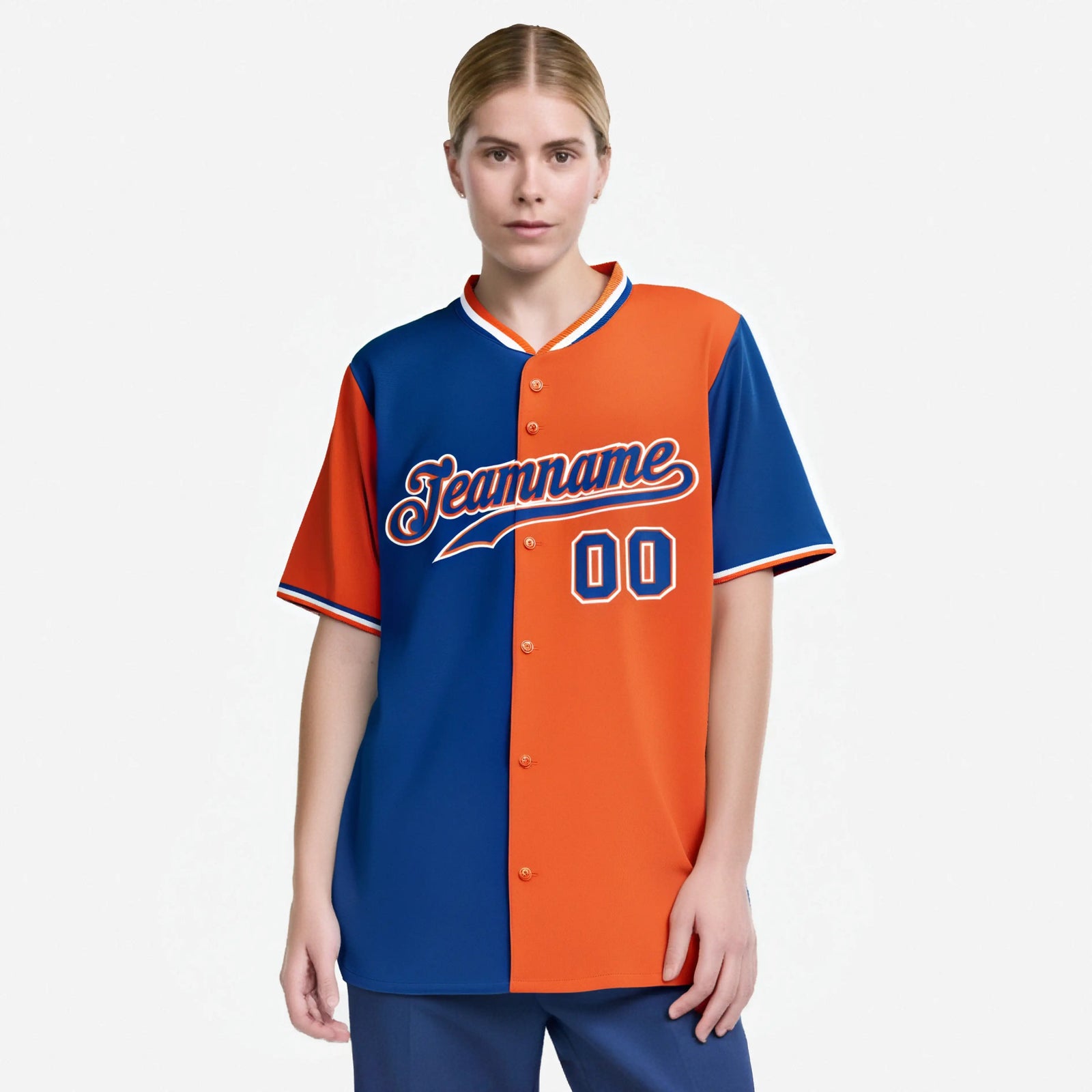 Custom Royal Blue Orange Authentic Split Fashion Baseball Jersey