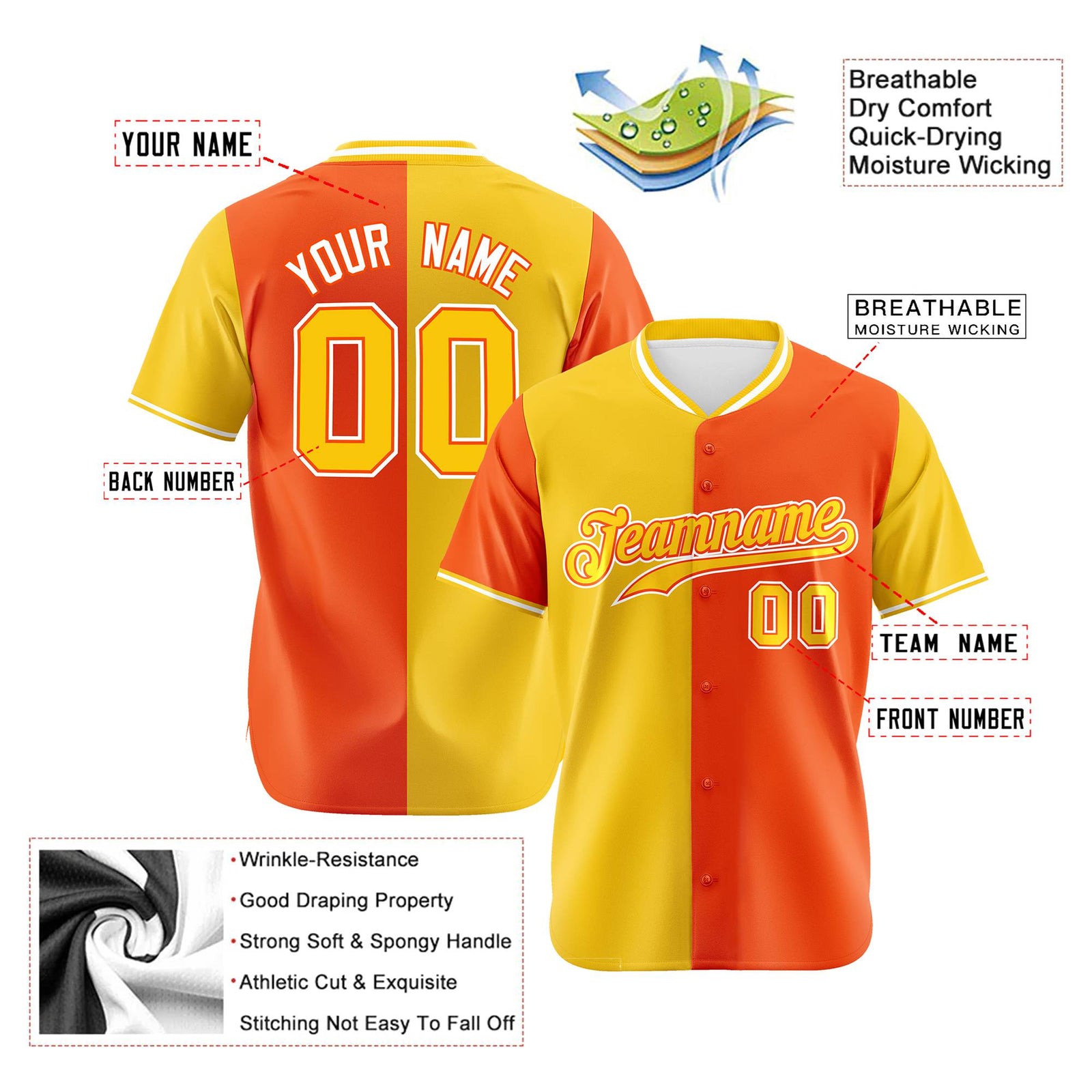 Custom Gold Orange Authentic Split Fashion Baseball Jersey