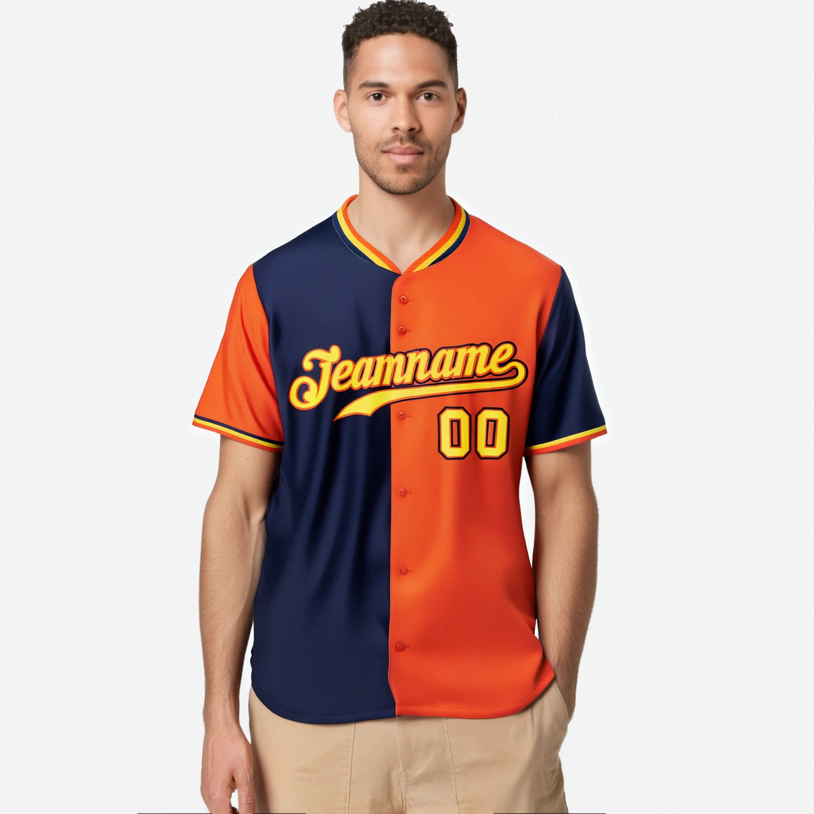 Custom Navy Orange Authentic Split Fashion Baseball Jersey