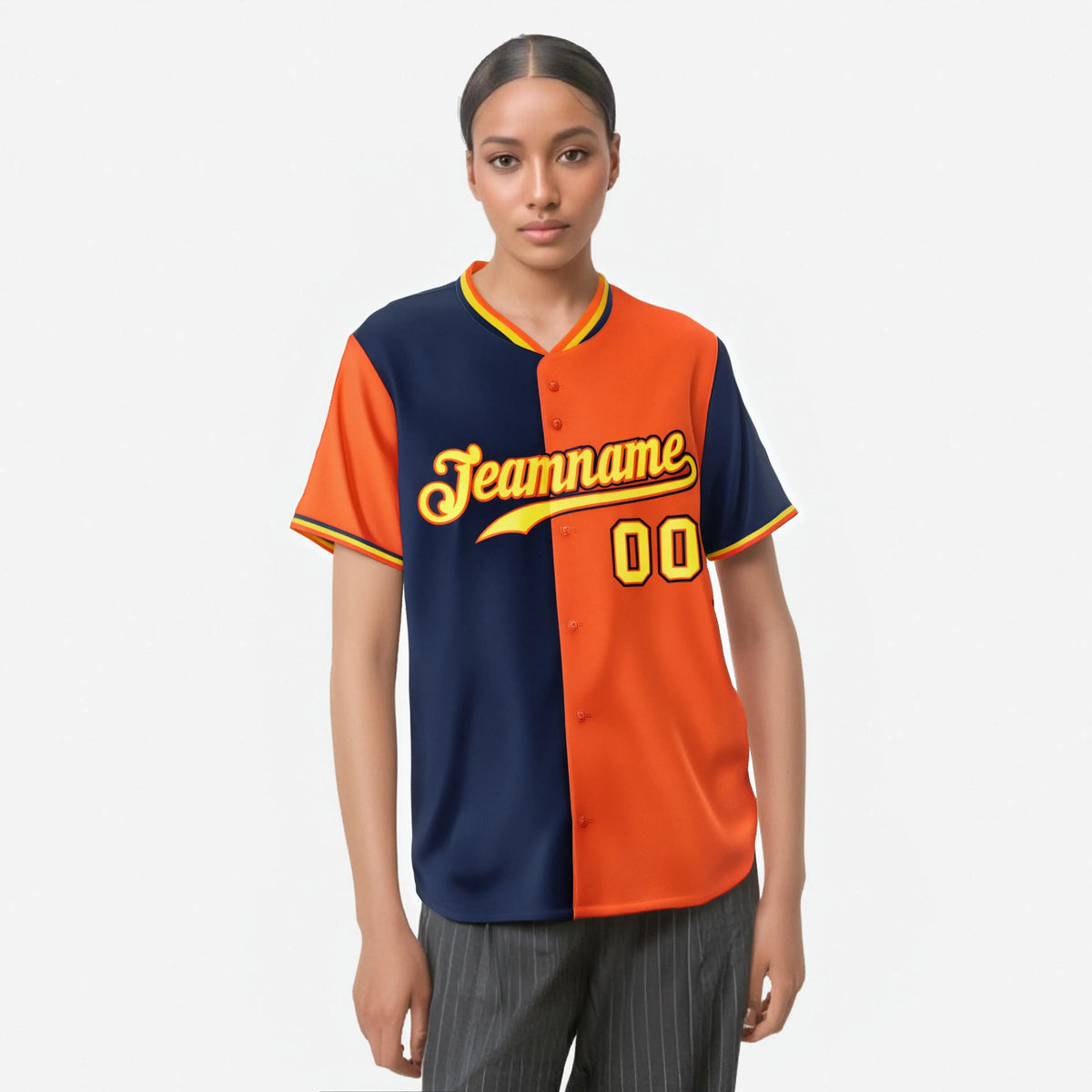 Custom Navy Orange Authentic Split Fashion Baseball Jersey
