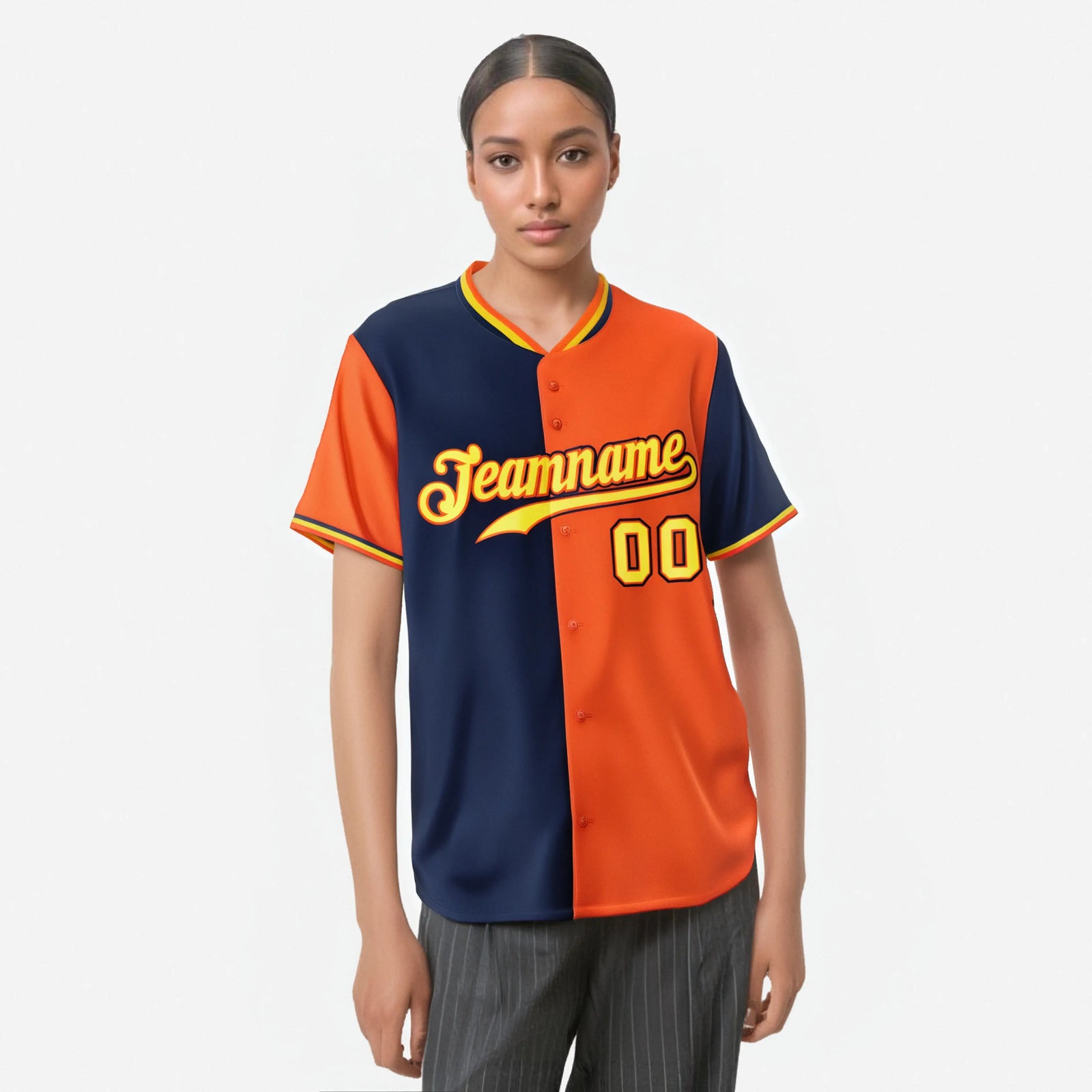 Custom Navy Orange Authentic Split Fashion Baseball Jersey